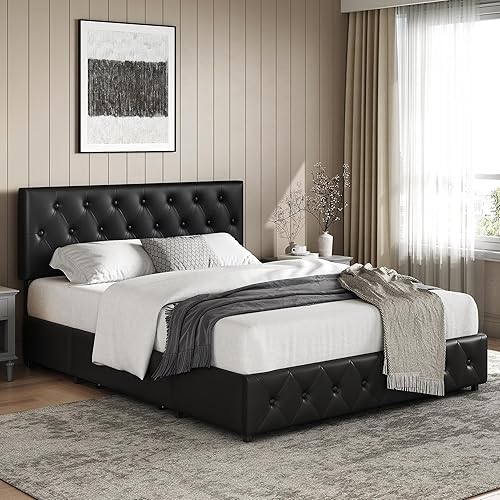 Topeakmart Base de cama de plataforma tapizada tamaño Queen con cabecera ajustable en altura y 4 cajones de almacenamiento, base de colchón de piel