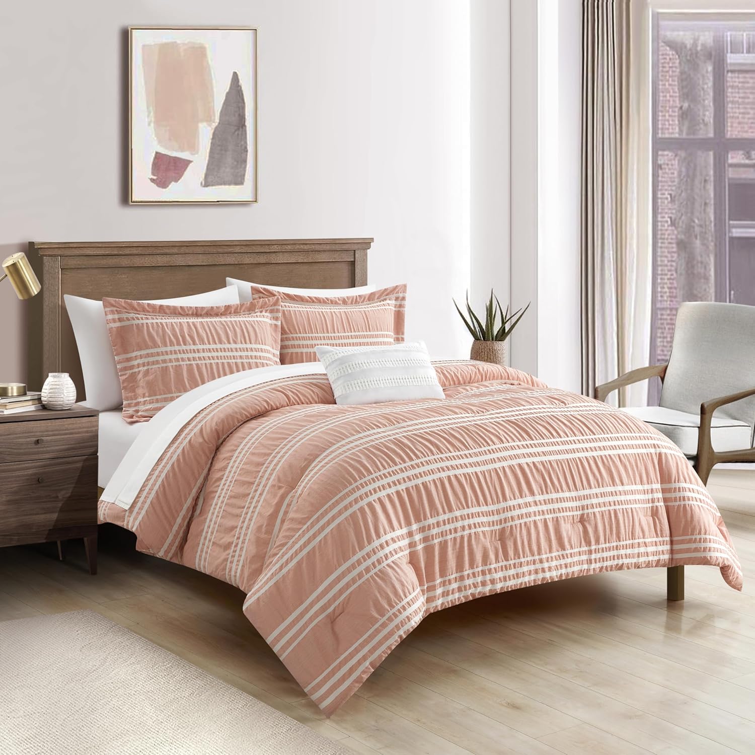 Chic Home Emma Queen 4-Piece Striped Seersucker Comforter Set, 2 Pillow Shams, 1 Decorative Pillow - Blush Pink