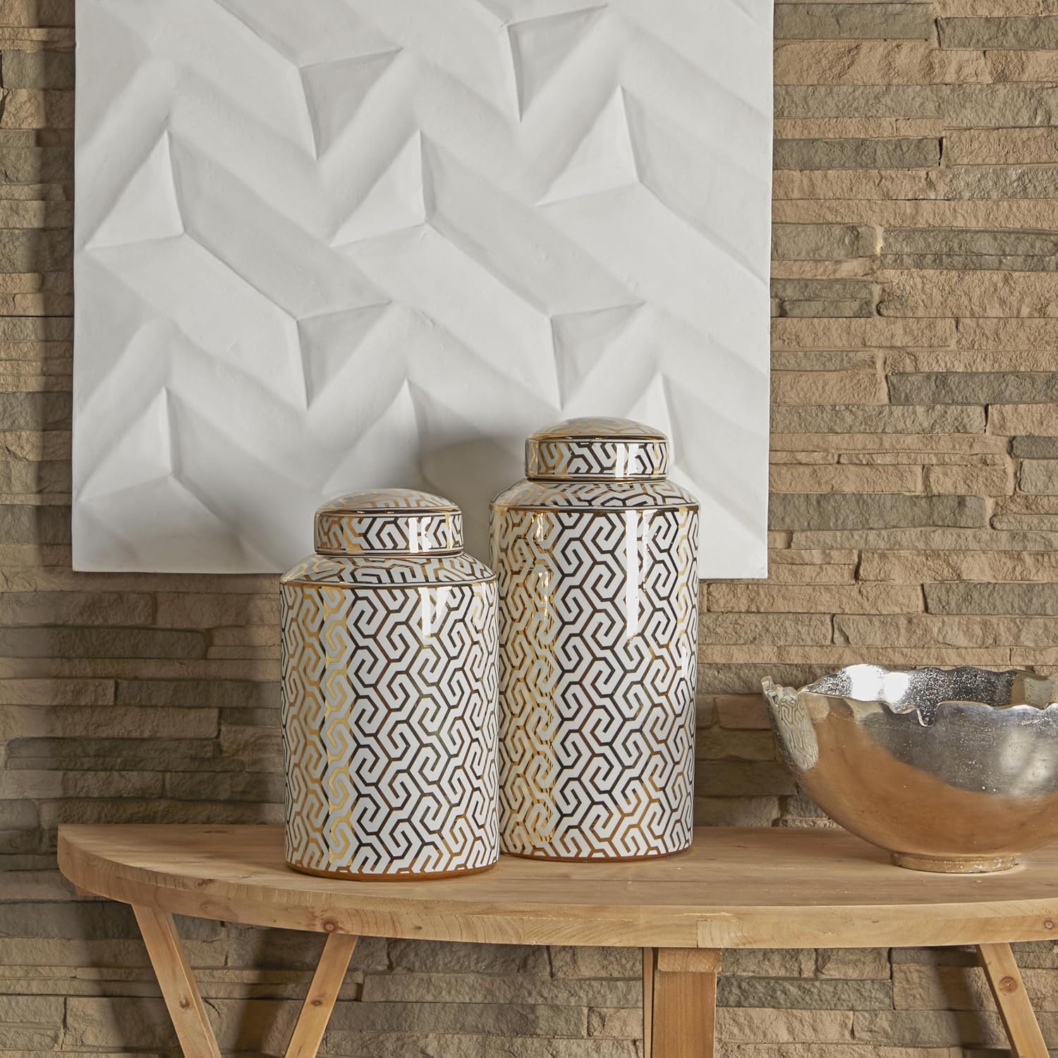 Deco 79 Ceramic Geometric Living Room Decorative Jars Decorative Container with White Accents, Set of 2 Jar with Lid 14", 12"H, Gold