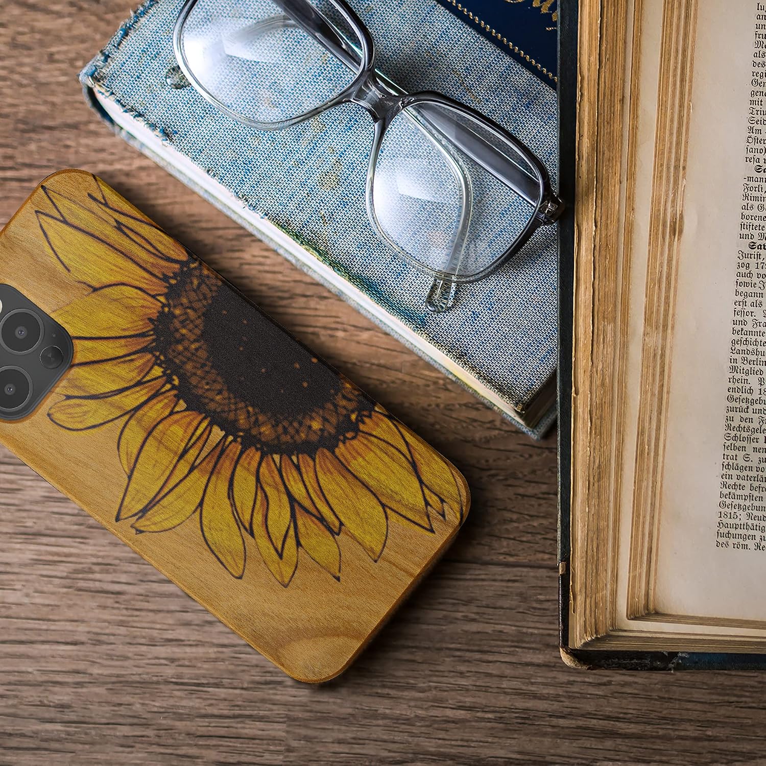 kwmobile Wood Case Compatible with Apple iPhone 12 Pro Max Case - Cover - Wood Sunflower Yellow/Dark Brown/Light Brown
