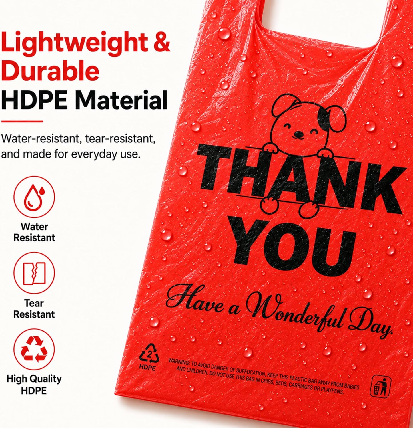 Red Thank you T shirt bag, Grocery shopping bag Reusable and Disposable Supermarket Bag 11''x6''x21'' 100PCS thumbnail