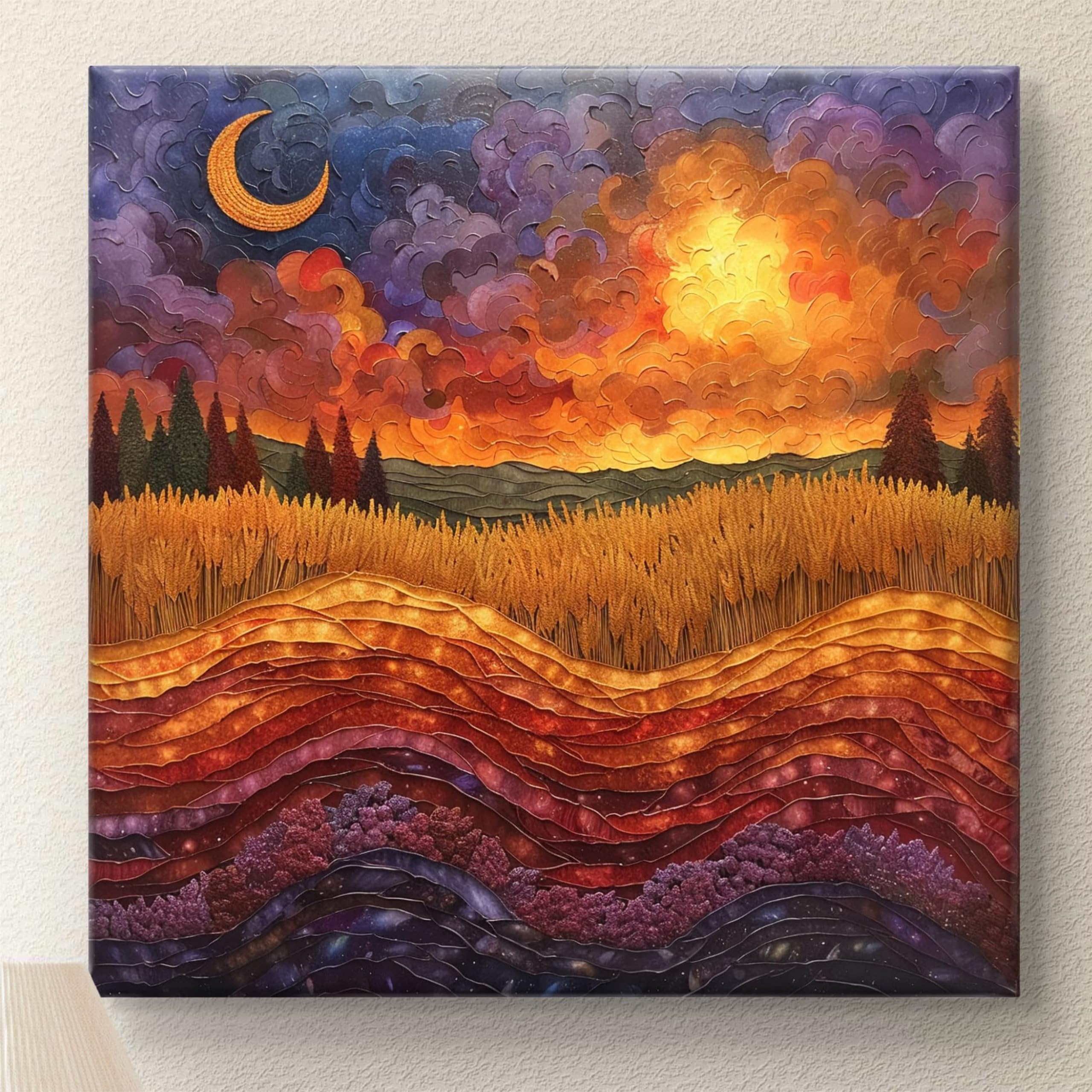 Autumn Landscape Canvas Wall Art, Textured Mountain Sunset with Crescent Moon, Nature Home Decor, 3D Relief Painting 20 Inch x 20 Inch CVM-38100