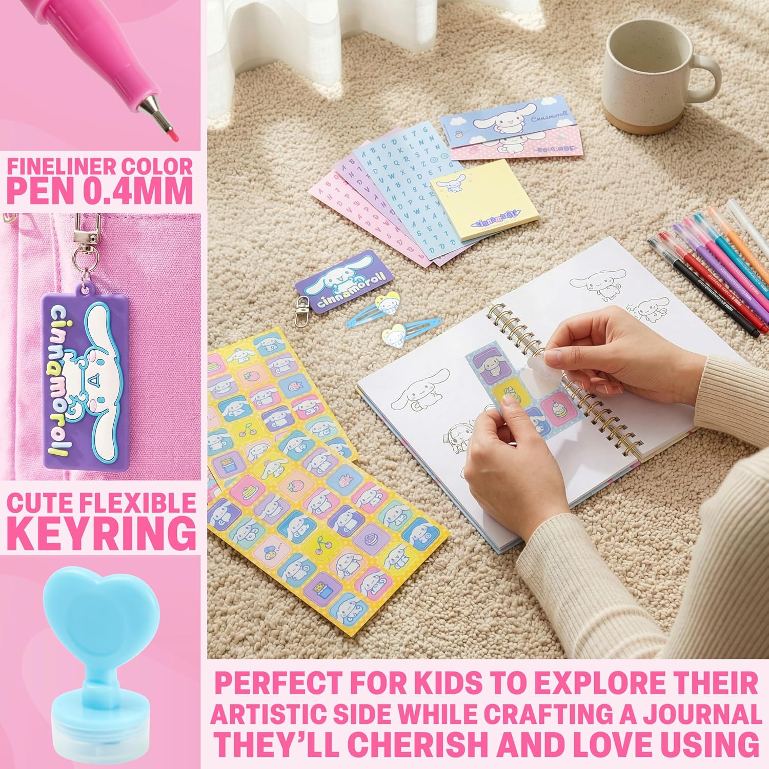 Hello Kitty Cinnamoroll DIY Journal Kit for Girls Tweens, Sanrio A5 Spiral Notebook with Stickers, Stationery Set, Cute Art & Crafts Supplies, Diary Set, Kawaii Anime Gifts for Girls (Blue Cinnamoroll)