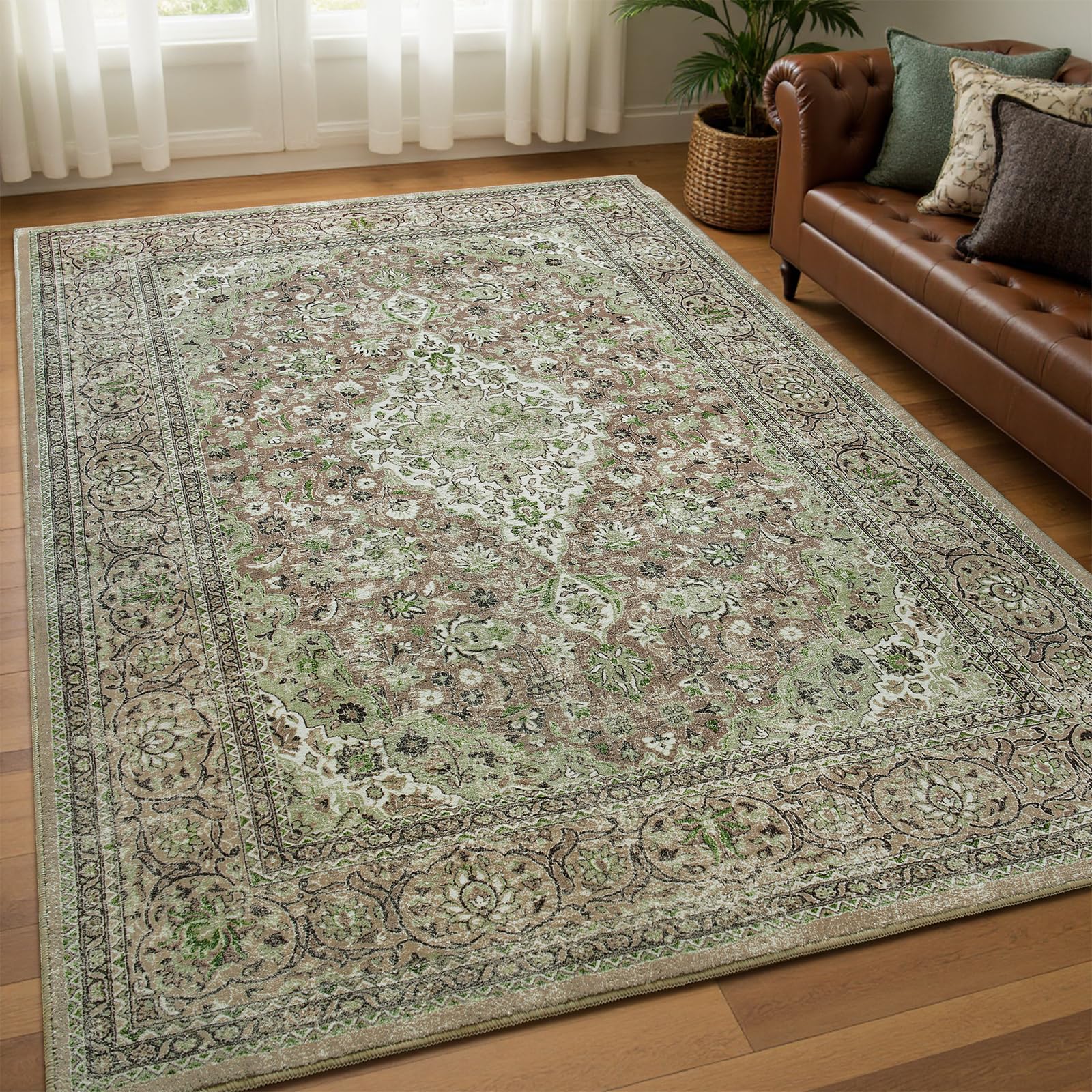 Goideal Washable Rug 4x6, Sage Green Area Rugs Non Slip, Indoor Low Pile Carpet with Rubber Backing for Living Room Kitchen Bathroom Entryway Office
