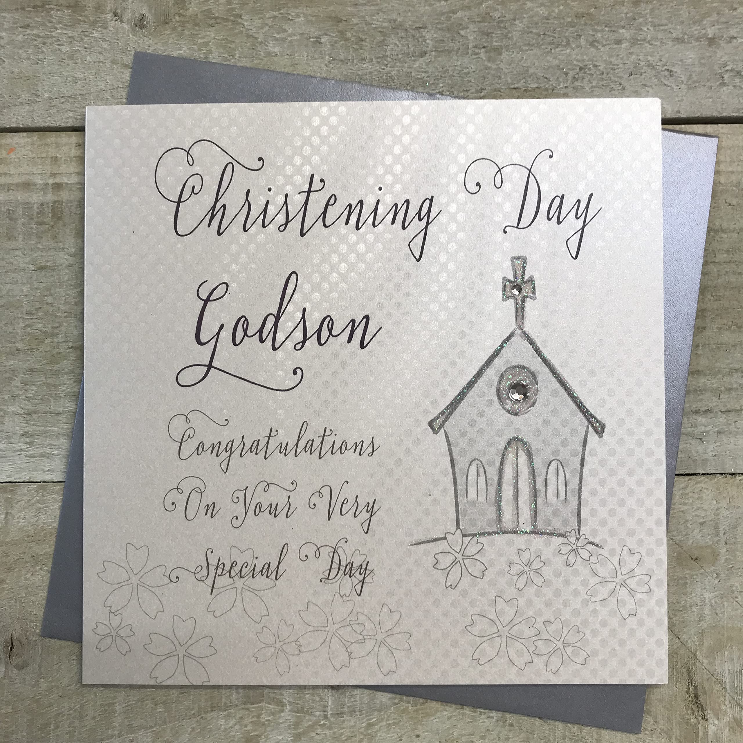 WHITE COTTON CARDS "Silver Church, Christening Day Godson Congratulations Handmade Christening Card, White, WB46C-GOD/S NEW, 15cm x 15cm