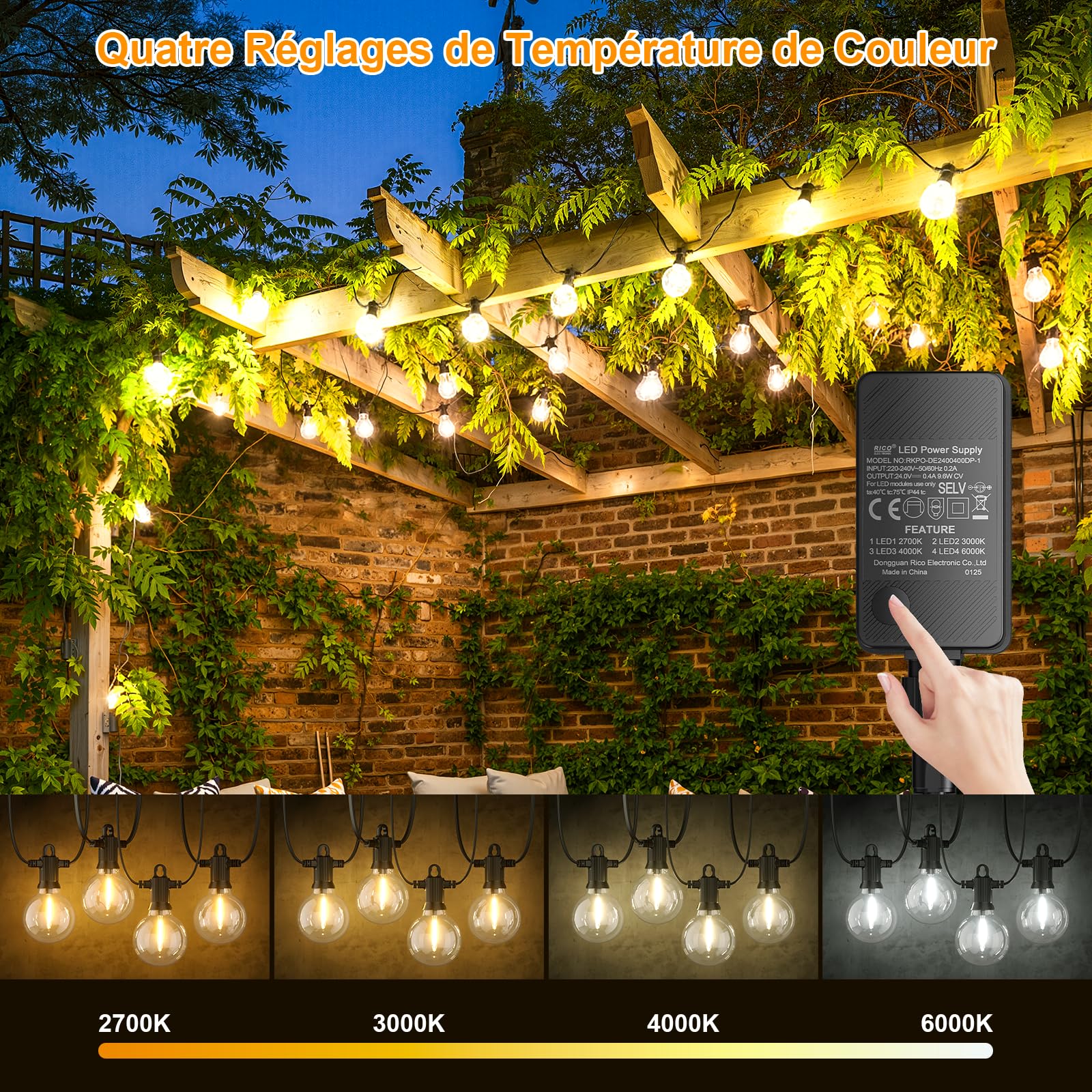 Kawaya Guirlande Lumineuse Exterieure 15M Guirlande Lumineuse Prise Secteur Electrique IP65 étanche Balcon avec 25+1 Led Ampoule Incassables 24V Basse Pression Dimmable en 4 Températures de Couleur