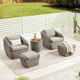 CHITA 5-Pieces Outdoor Wicker Furniture Set, Patio Conversation Set, Brown | 360° Swivel Chairs, Resin Wicker, Steel Frame, 5.1" Thick Cushion, Olefin Fabric Covers, 350 Lb Chair Capacity