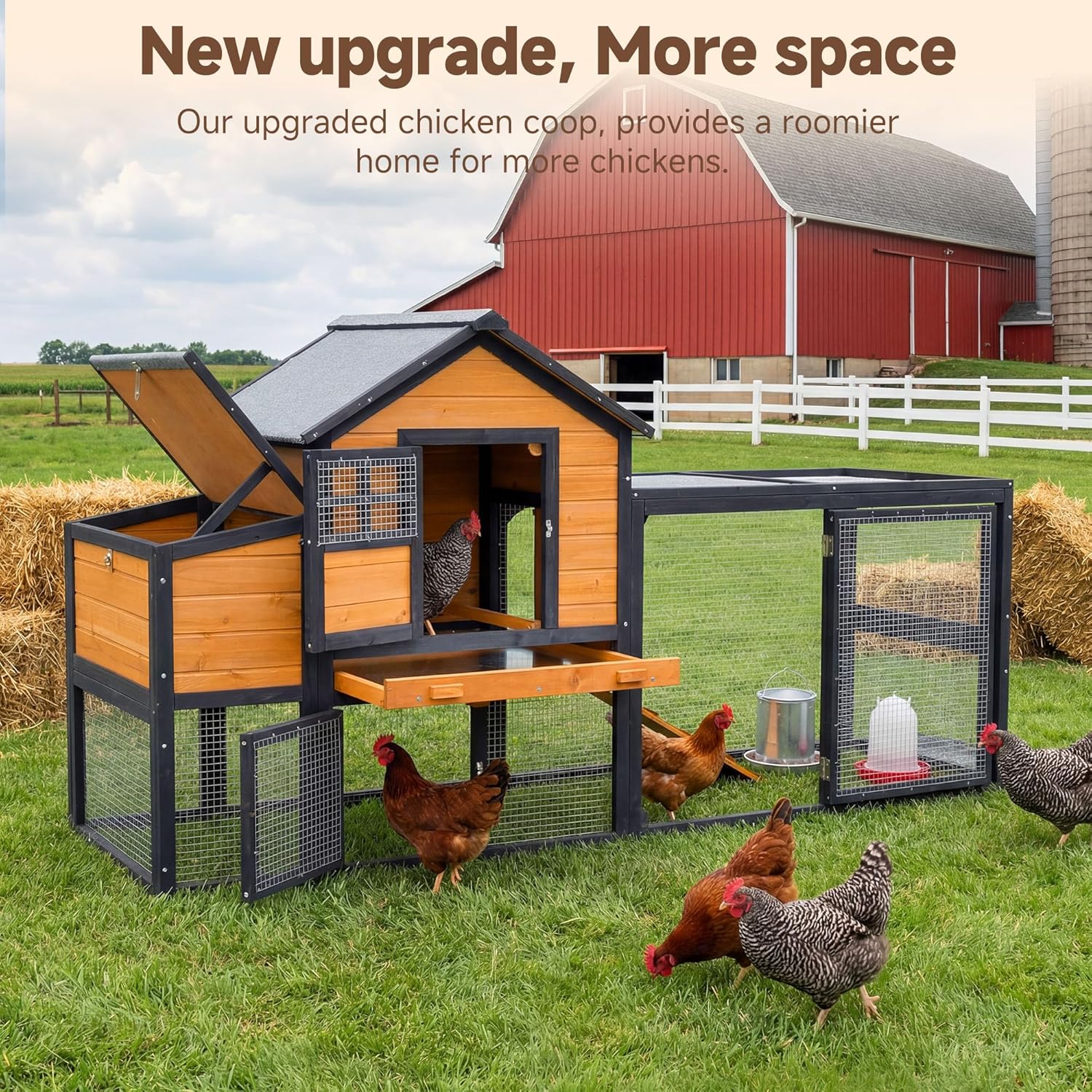 Large Chicken Coop Outdoor Durable Duck House Poultry Pet Hutch & 2 Wood Eggs Run Cage Nesting Box Waterproof Asphalt Roof Ramp Removable Tray Wire Fence for Backyard Small Animal Brown 79"