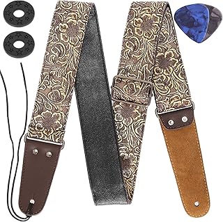 Anwenk Stamped Leather Guitar Strap - PU Leather Western Vintage 60's Retro Strap with Genuine Leather Ends for Electric Bass Guitar, Tie Included, 2 Picks, Bronze