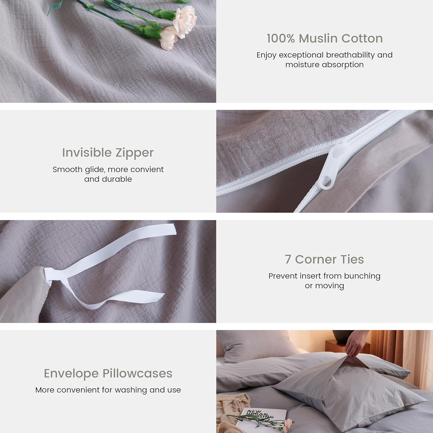 Simple&Opulence Muslin Cotton Duvet Cover Set, Soft, Breathable Bedding for All Seasons, 3 Pieces Linen Like Gauze Comforter Cover with 2 Pillow Shams, King, 104"x92", Grey Coffee