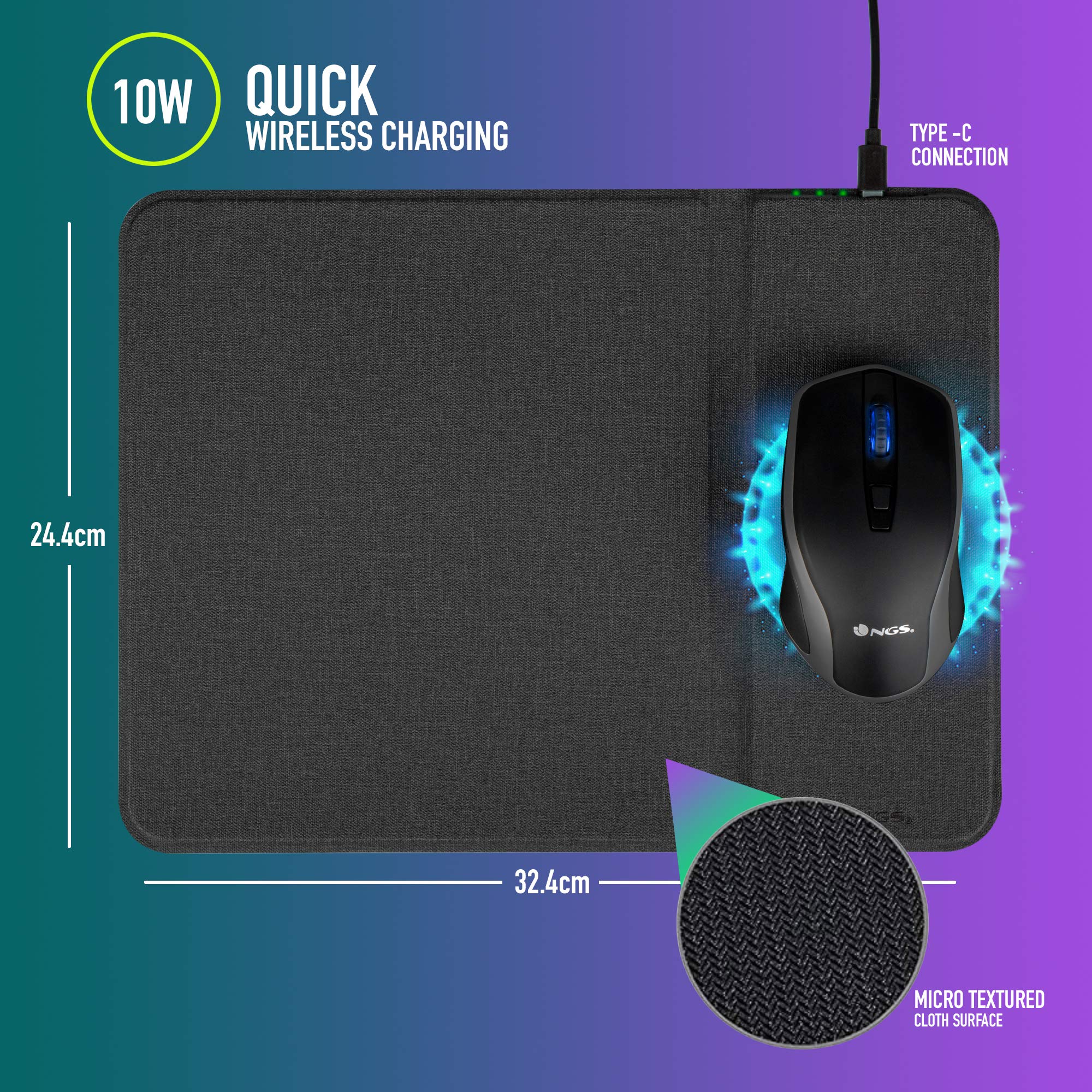 NGS CRUISEKIT- Conjunto de alfombrilla y ratón inalámbricos con batería integrada, superficie rígida optimizada 324mm x 244mm, ratón con batería integrada