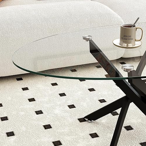 Miniatura 5 de Mesa de centro ovalada moderna para sala de estar con parte superior de vidrio templado y patas de metal negro, mesa central moderna y elegante mesa