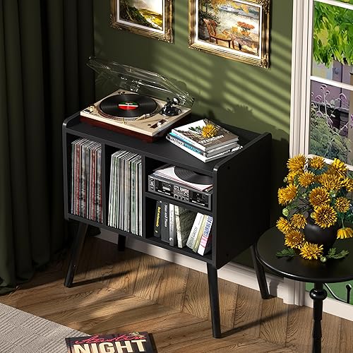 Miniatura 3 de Mesa para tocadiscos, soporte para tocadiscos de mediados de siglo con almacenamiento para vinilos con capacidad para más de 150 álbumes, gabinete