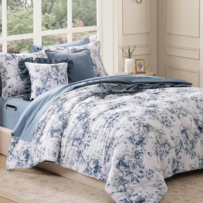BLOOMHAVEN Queen Comforter Set-7 Pieces Blue Floral Bed in a Bag Queen image 2
