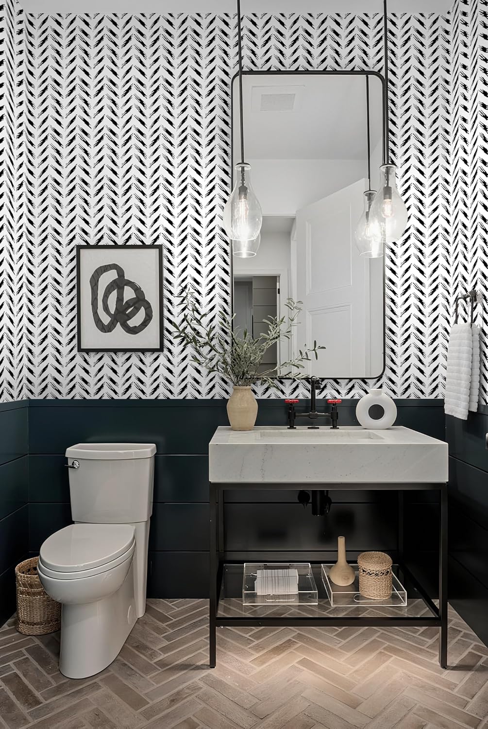 Black and White Peel and Stick Wallpaper Modern Self-Adhesive Contact Paper Thicken Waterproof Easy to Clean Decorative Removable Wall Paper Herringbone for Bedroom Bathroom 17.3in x 78.7in