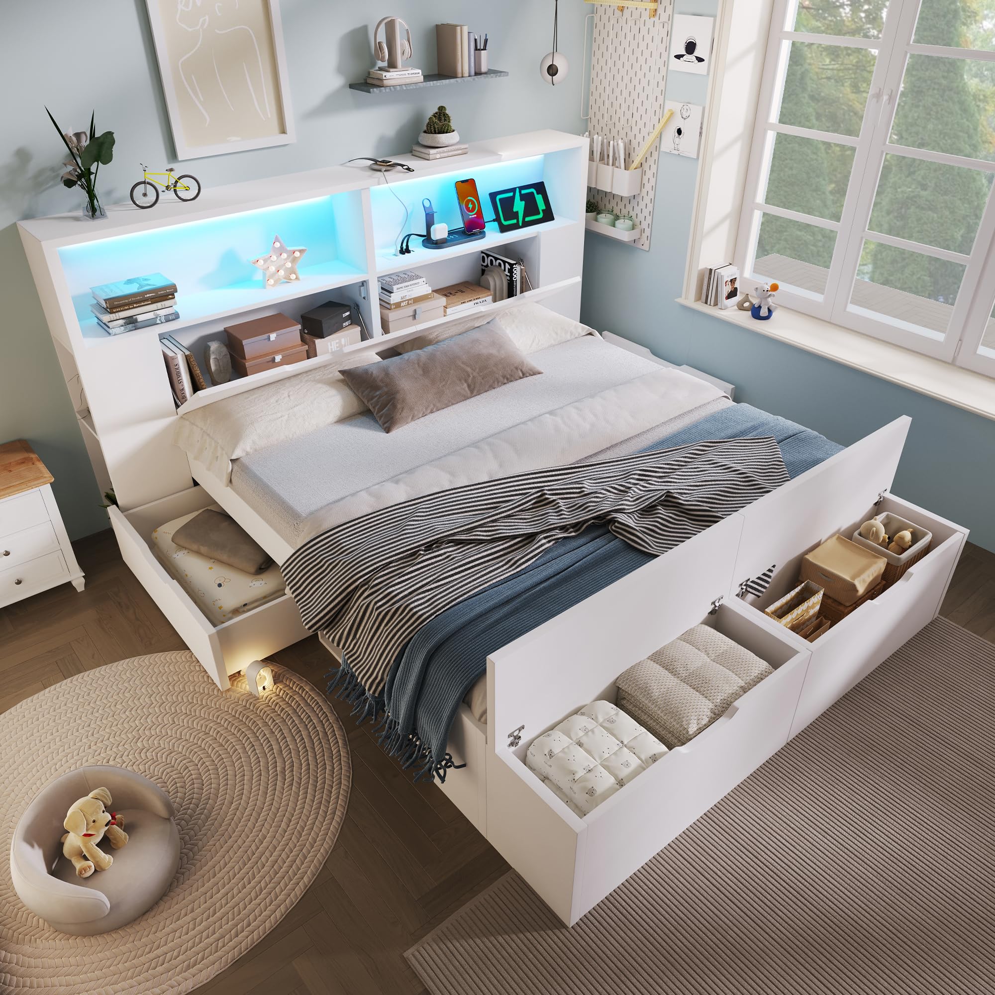 Zepneiy Lit Enfant 140x200 avec LED et USB, Lit Double 140x200 avec Tabouret Queue et tiroirs, avec étagères et sommier à Lattes, pour Adolescent et Enfant, Cadre de en Bois Blanc(sans Matelas)