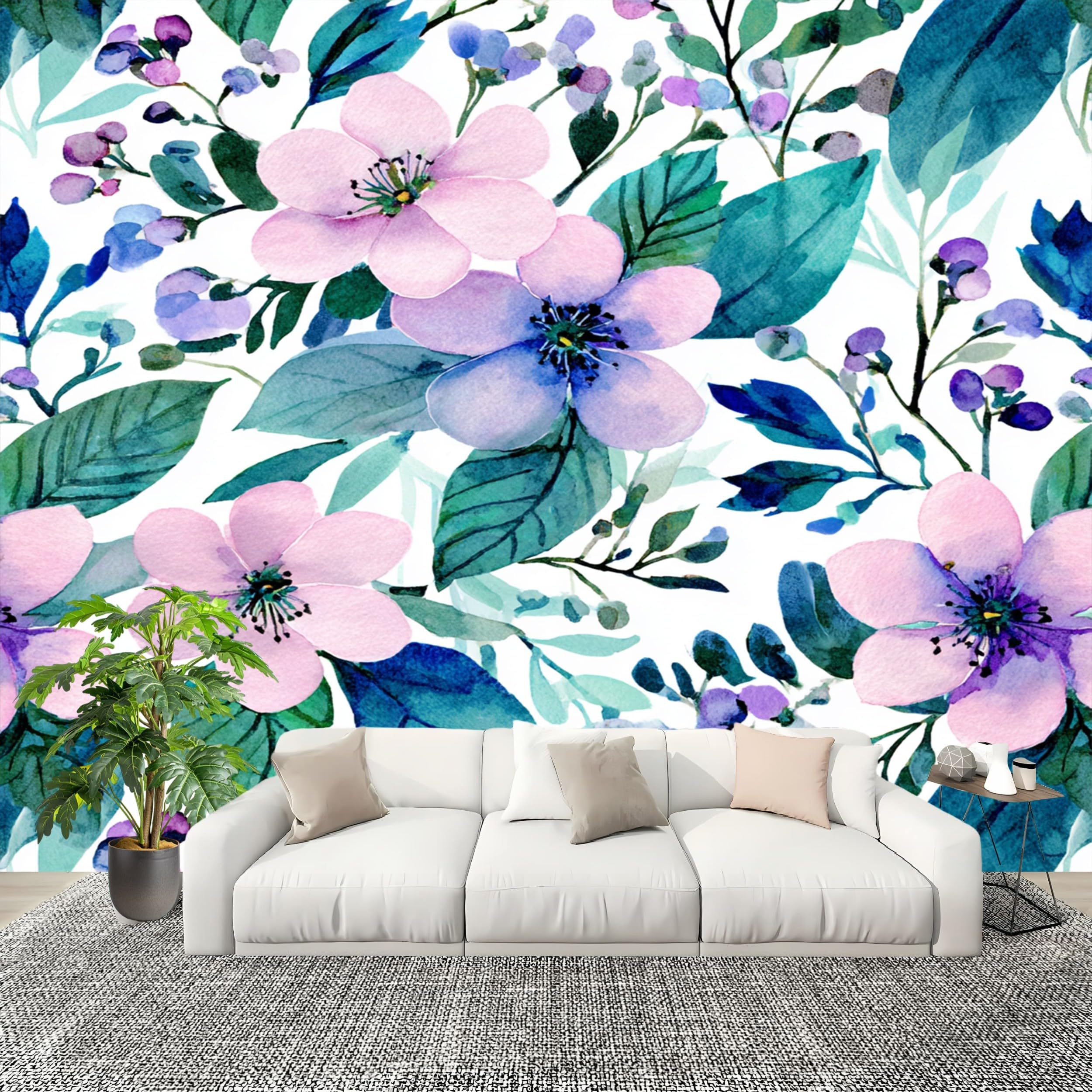 Poster Murale Papier Peint Intissé Premium Motif Fleurs Peintes Violettes Fresque 200x140
