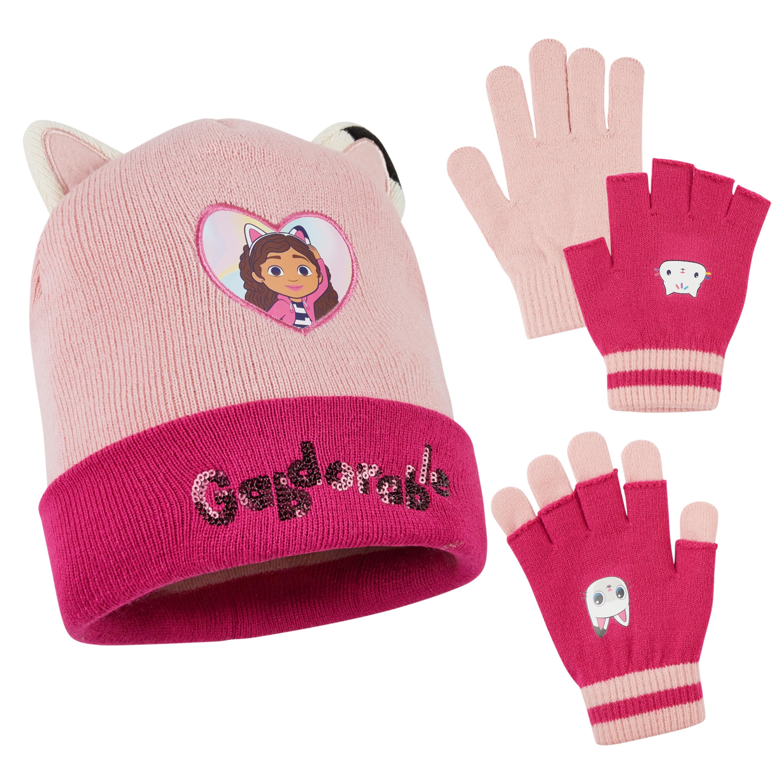 Gabby's Dollhouse Girls Pink Gabby's Dollhouse Winter Accessories Set Beanie Hat And Gloves Gifts (Pink)