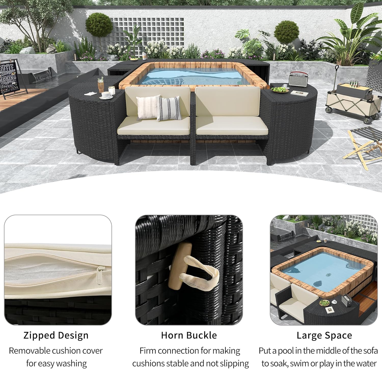 P PURLOVE Spa Surround, Quadrilateral Patio Rattan Sofa Set with Storage Spaces, Mini Sofa, Wooden Seats and Comfortable Cushions for Patio, Backyard (Beige)