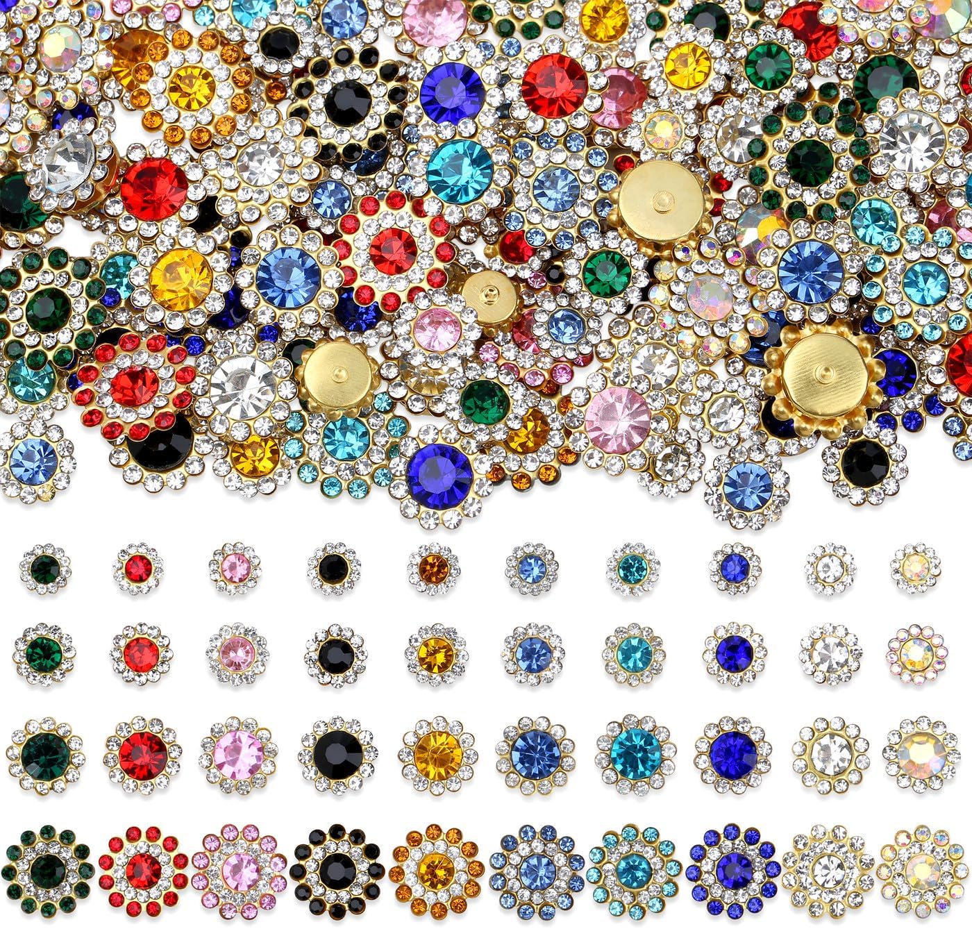 200Pcs 4 Sized 10Mixed Colors Sew on Rhinestones, Glass Crystal with Metal Base Flower Shaped Claw Flatback for Crafting, Bedazzling Rhinestones for Clothes Hat Shoes Bags Sewing Accessories