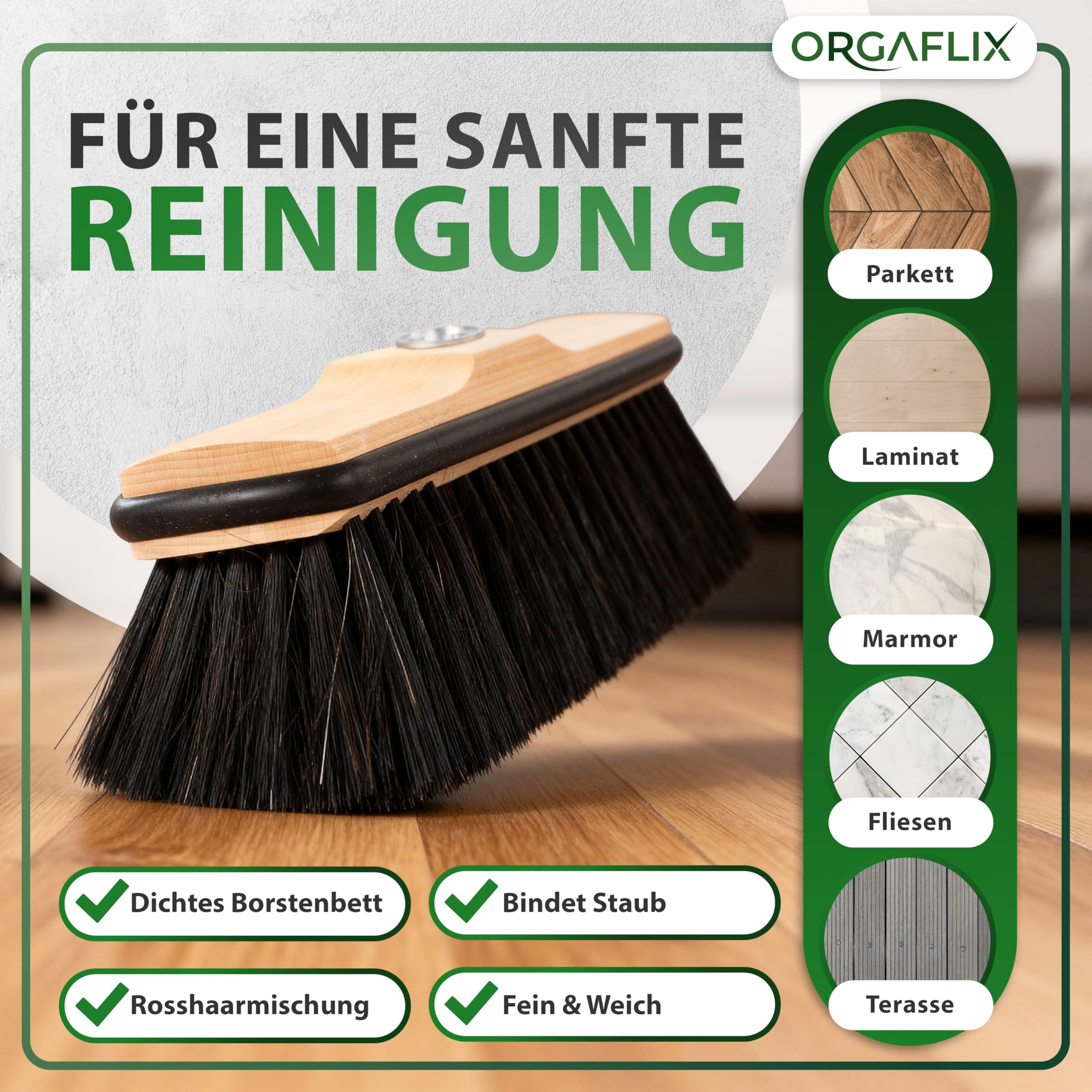 ORGAFLIX Premium Zestaw miotły z uchwytem i szczotki ręcznej - zestaw do zamiatania z mieszanką włosia konia, dodatkowo odpylający, gwint ocynkowany 24 mm, uchwyt miotły regulowany 60–130 cm
