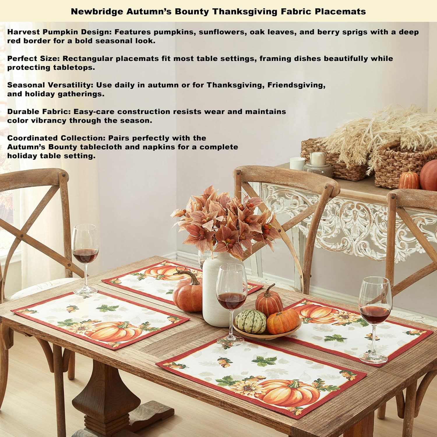 Newbridge Thanksgiving Autumns Bounty Bordered Fabric Tablecloth, 60 x 120 Inch Rectangle, Bountiful Farm Pumpkin Fall Harvest Multicolor Easy Care Table Cloth for Holiday Dining