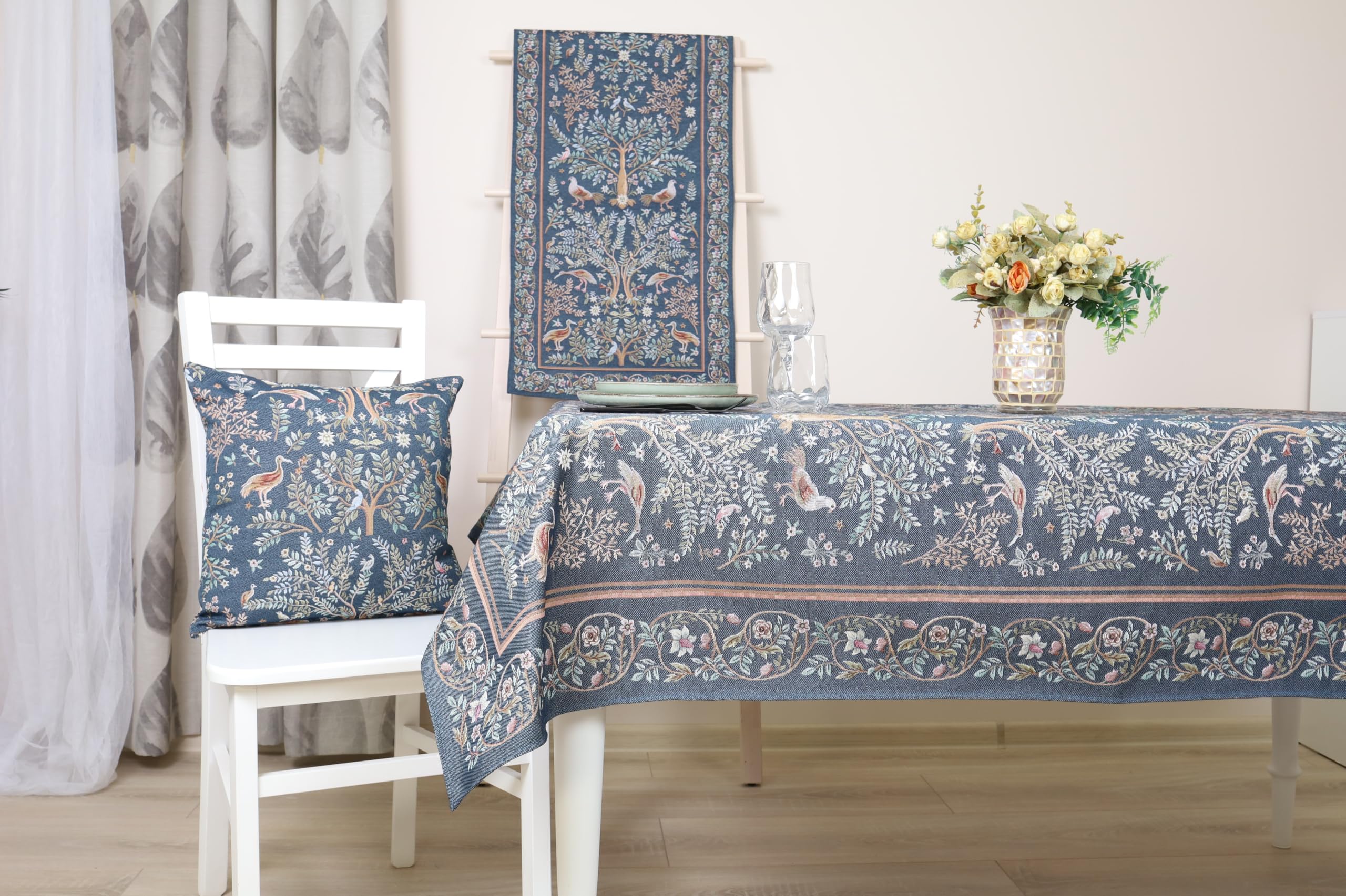Tovaglia 165x300 cm William Morris "Paradiso in Terra" - blu, tovaglia Gobelin Jacquard di alta qualità, decorazione per tavolo da pranzo, facile da pulire, lavabile fino a 30 °C
