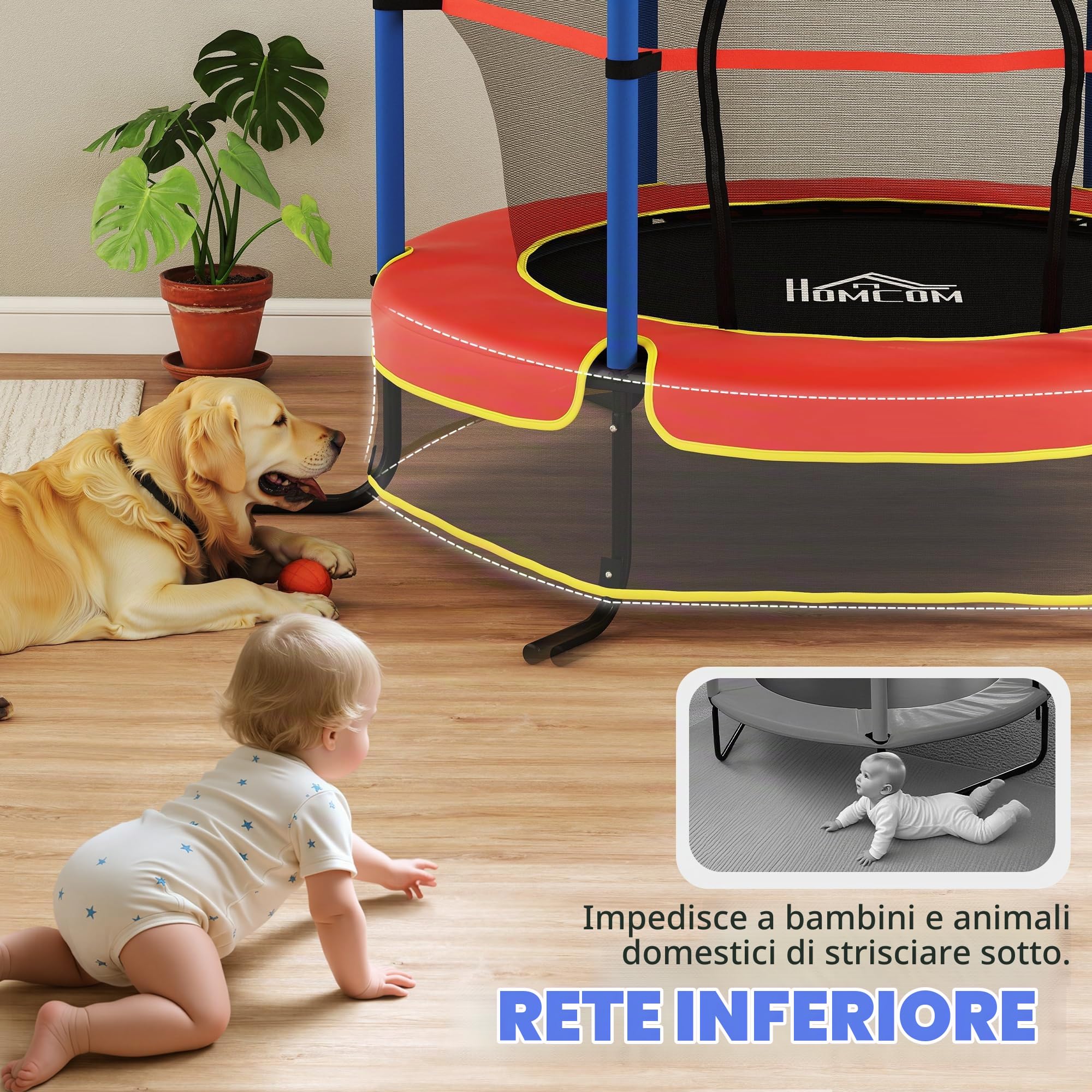 HOMCOM Trampolino Elastico per Bambini Età 3-10 Anni Ø175 x 190 cm Blu | Con Rete di Sicurezza, Tappeto Elastico, Pali Imbottiti, per Interno ed Esterno