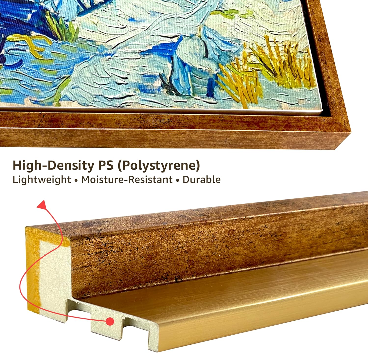 LONG QUAN 16x20 Floating Canvas Frame Kit for 3/4" Deep Canvas, Easy DIY Assembly, Gold Floater Frame for Paintings, Canvas Prints, and Wood Canvas Panels, Durable High-Density PS, Gallery Home Décor