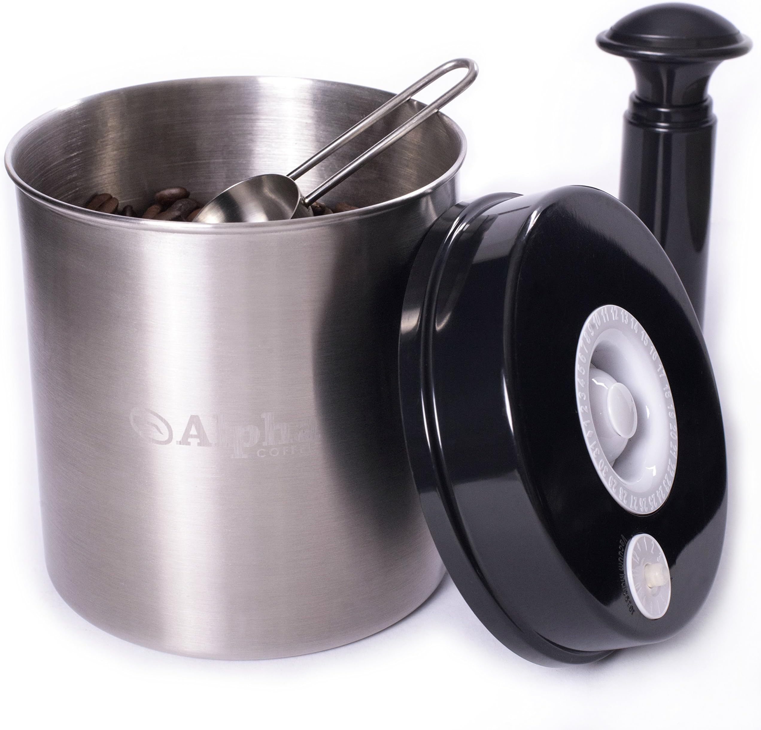 True Vacuum Seal Coffee Container. UPGRADED MODEL. Best Storage For Whole Bean & Ground. Stainless Steel Canister and Scoop.