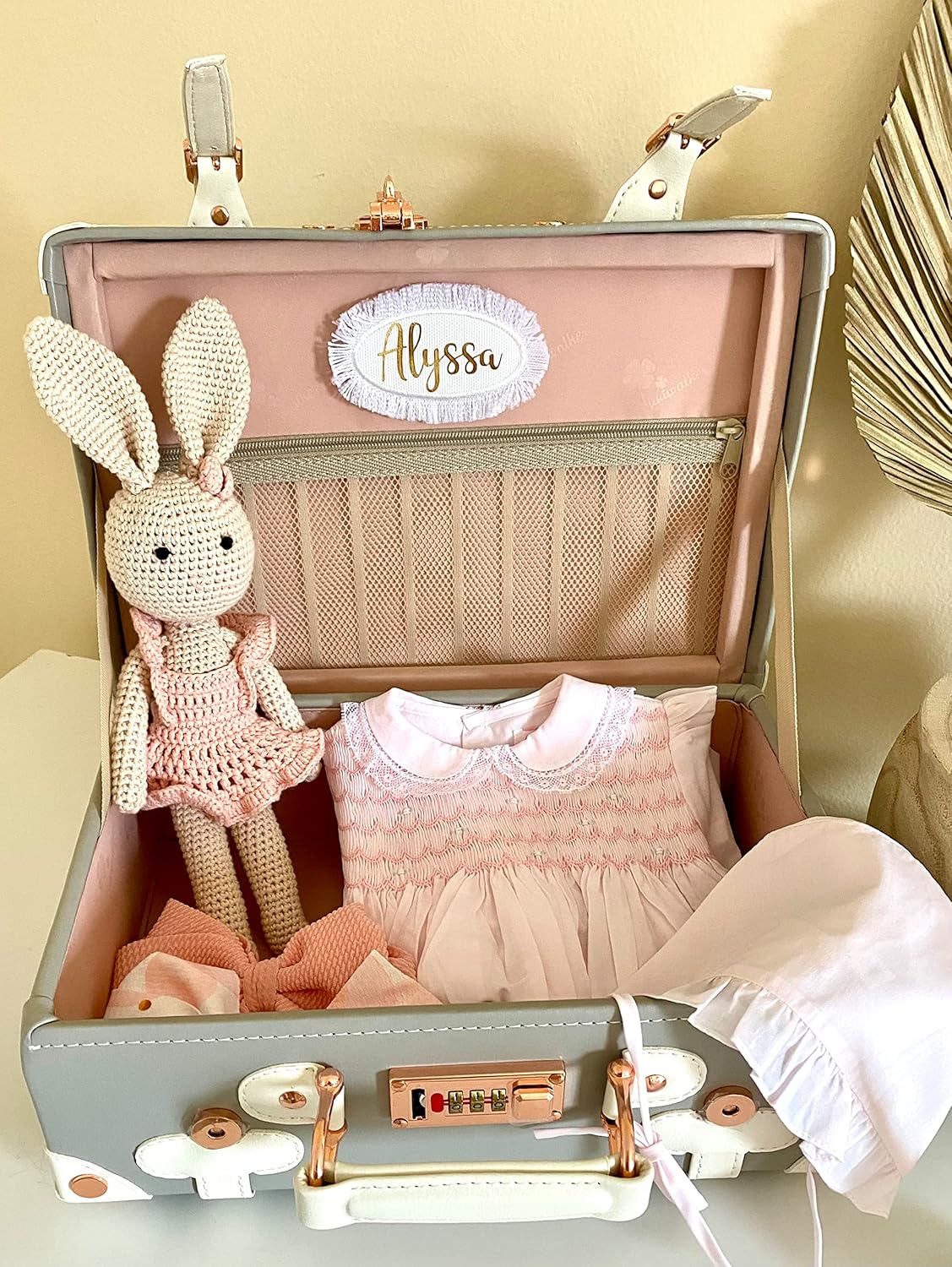 Personalized Natural Keepsake Baby Box - Keepsake Suitcase, Memory Case, Baby Memento Box, Vintage Suitcase - Handmade & Hand-crafted - New Baby Gift - Brand DAISY FIELDS - Soft Gray Color