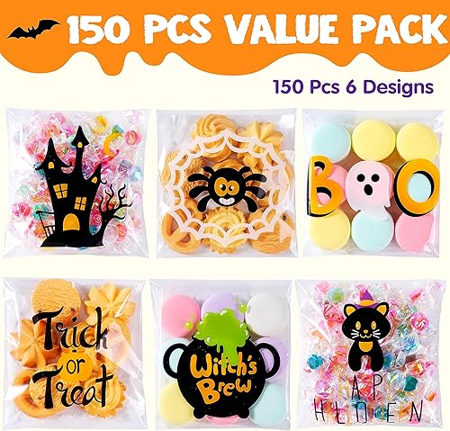 Miniatura 2 de JOYIN 150 bolsas de celofán de Halloween, autoadhesivas, transparentes para galletas y dulces, para niños, para dulce o truco, pequeña bolsa de