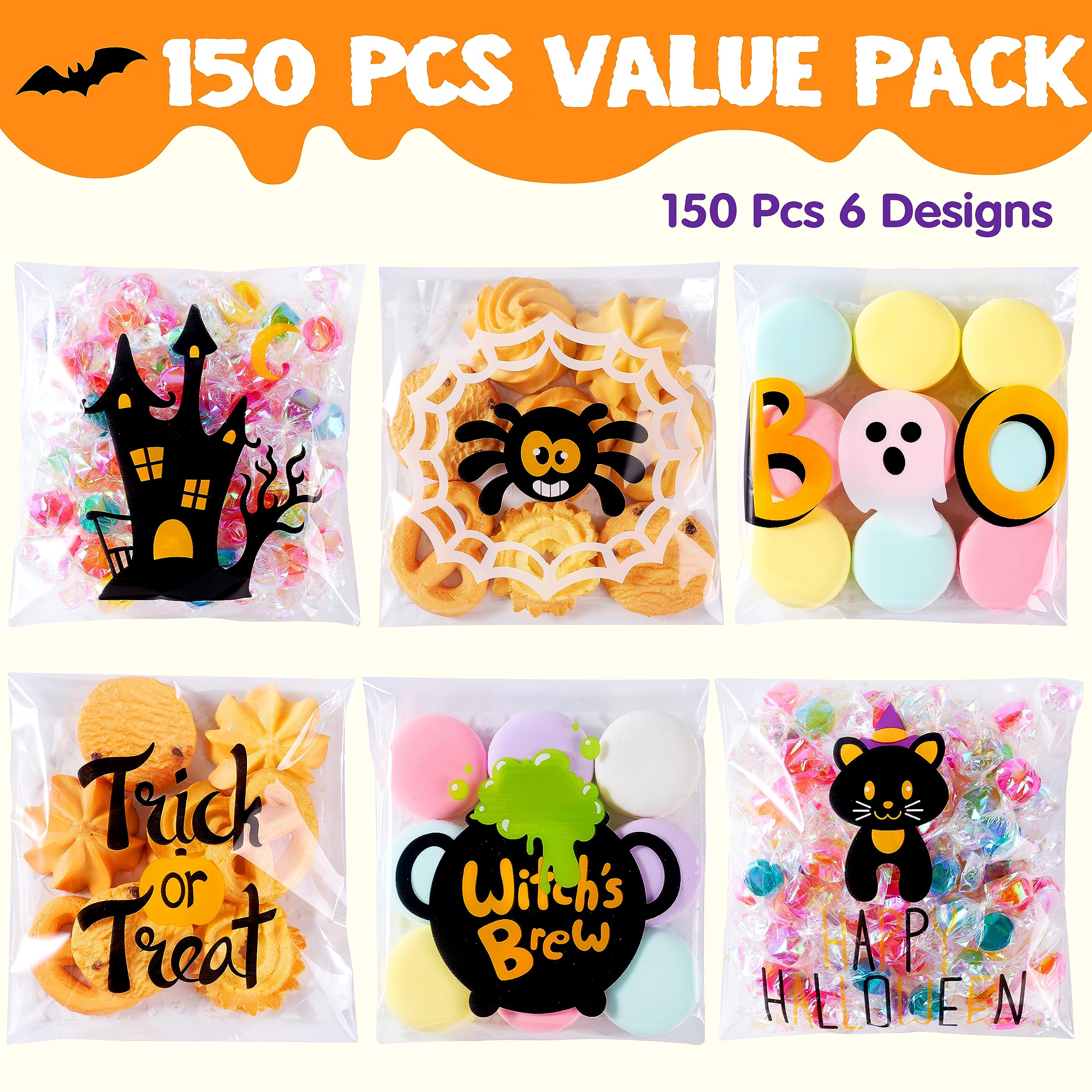 JOYIN 150 Stück quadratische Zellophanbeutel für Halloween, selbstklebend, transparent, für Kekse und Süßigkeiten, Süßigkeitentüten für Halloween-Party Süßes oder Saures Partyzubehör
