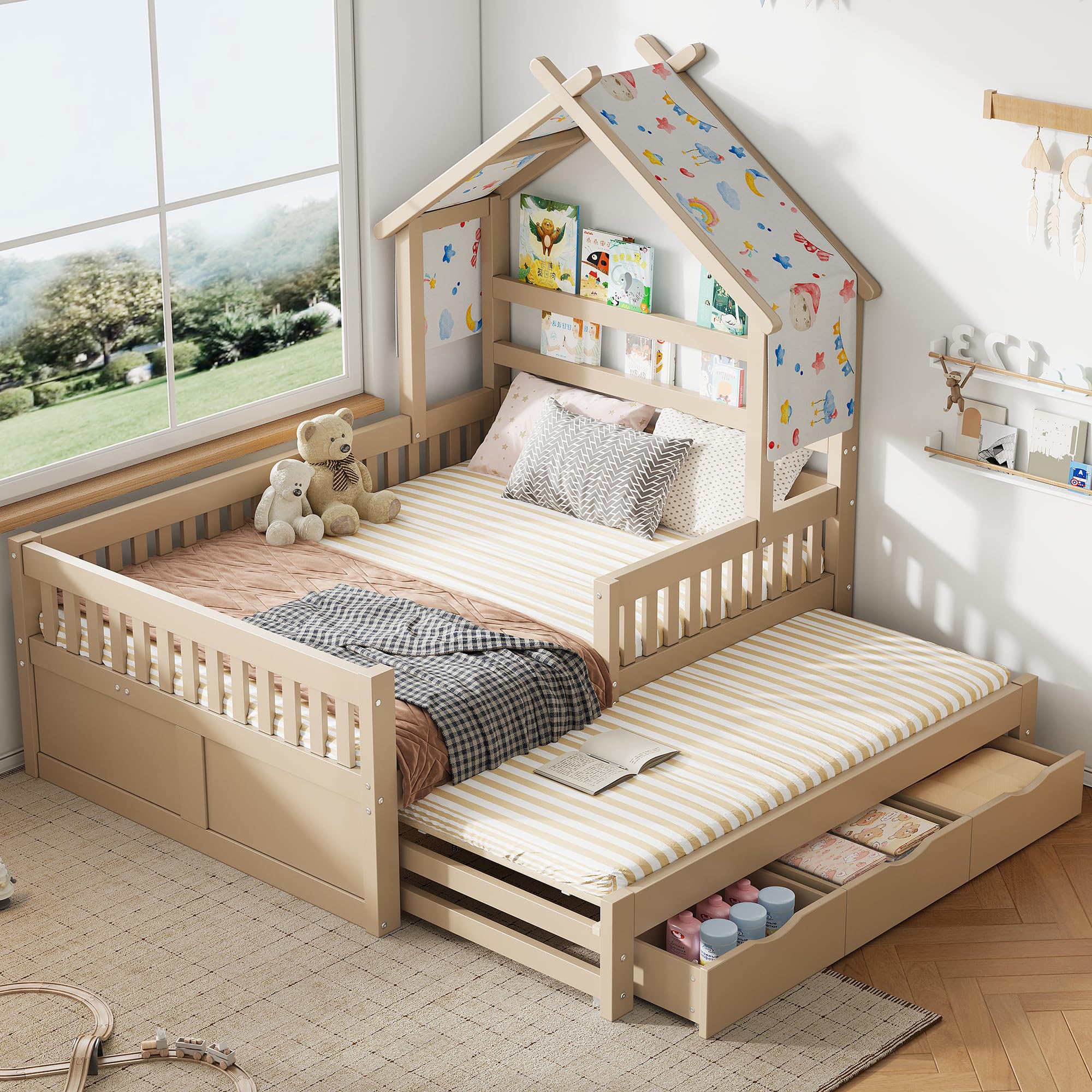 Sapgaks Lit Enfant en Bois 140 x 200 avec lit gigogne 90x190,3 tiroirs et barrières de sécurité,lit cabane Enfants,Cadre de lit 140 x 200 avec sommier à Lattes (C-Jaune Clair 140x200)