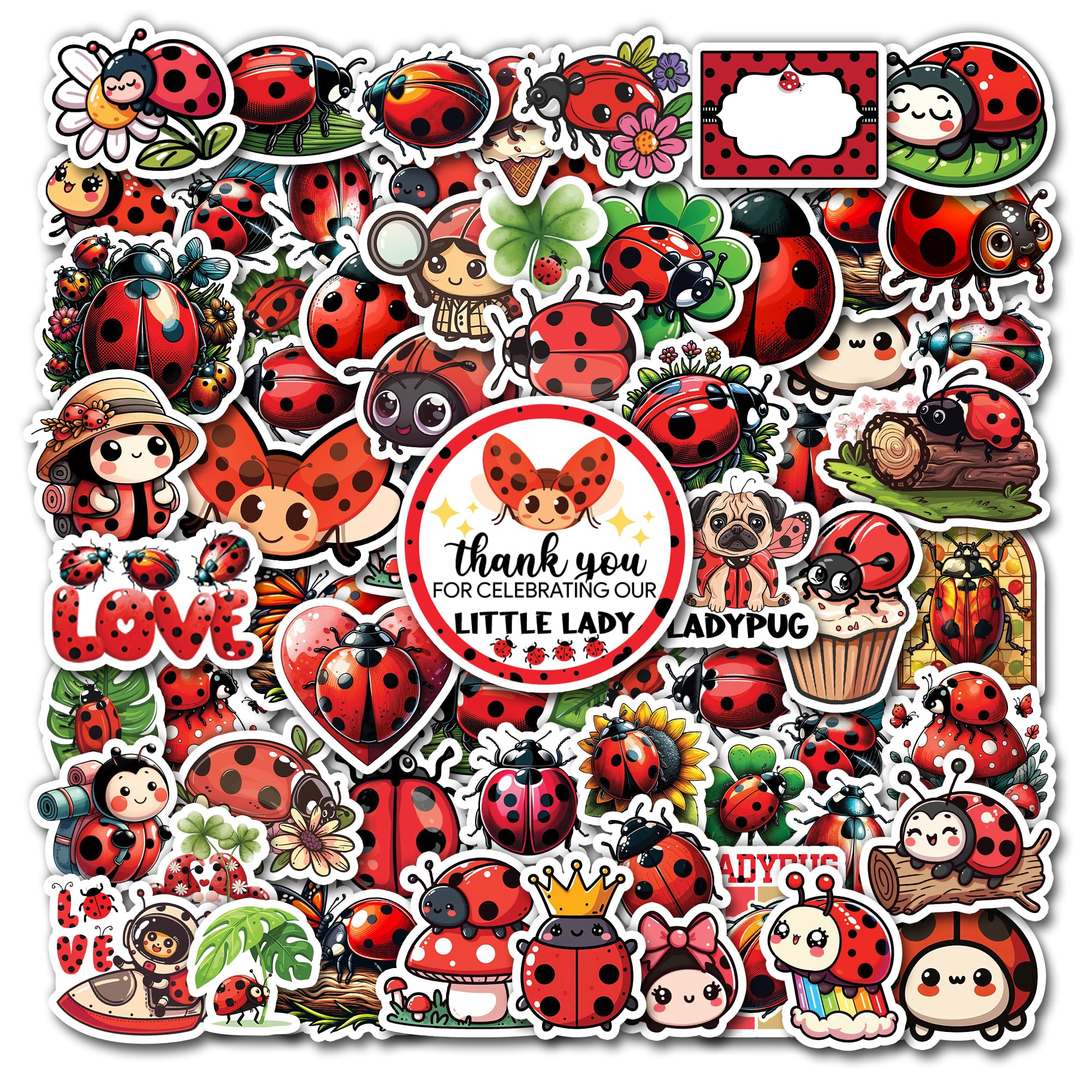 Pack 50 PCS Ladybug Stickers Cute Animal Waterproof Vinyl Decals Decoration Laptop Journals Suitcase Helmet Phone Case Party Favors Scrapbooking