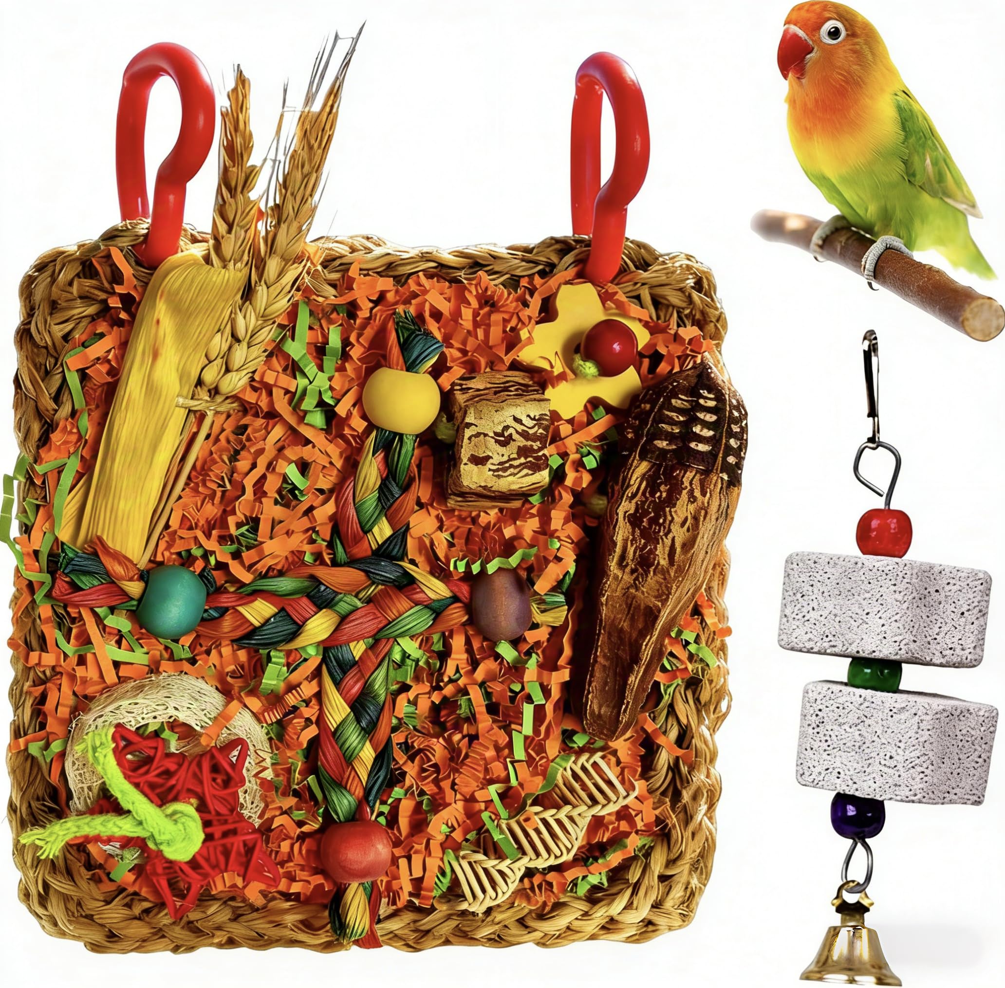Budgie Toys, Cockatiel Toys With 1 Natural Beak Grinding Stones Chewing Stones, Natural Hanging Chew Toy For Foraging, Bird Toys For Caged Birds, Bird Toys For Budgies Cockatiels Lovebirds Conures
