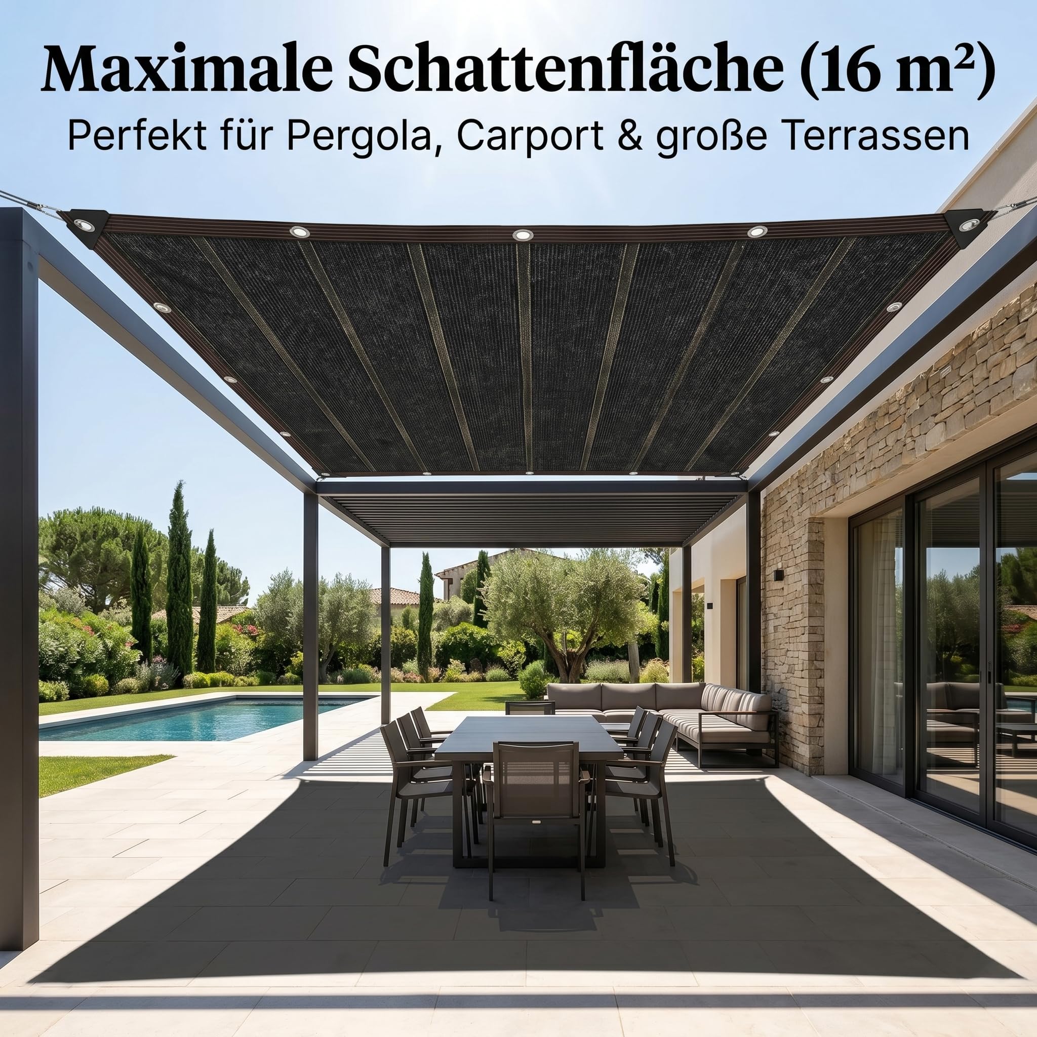 Schattierungsnetz 4x4m/3x4m Schwarz mit Ösen – 85g/m² Großflächiger Sonnenschutz & Sichtschutz – Verstärktes Netz mit Anti-Durchhang-Rippen für Pergola, Garten, Carport & Gewächshaus