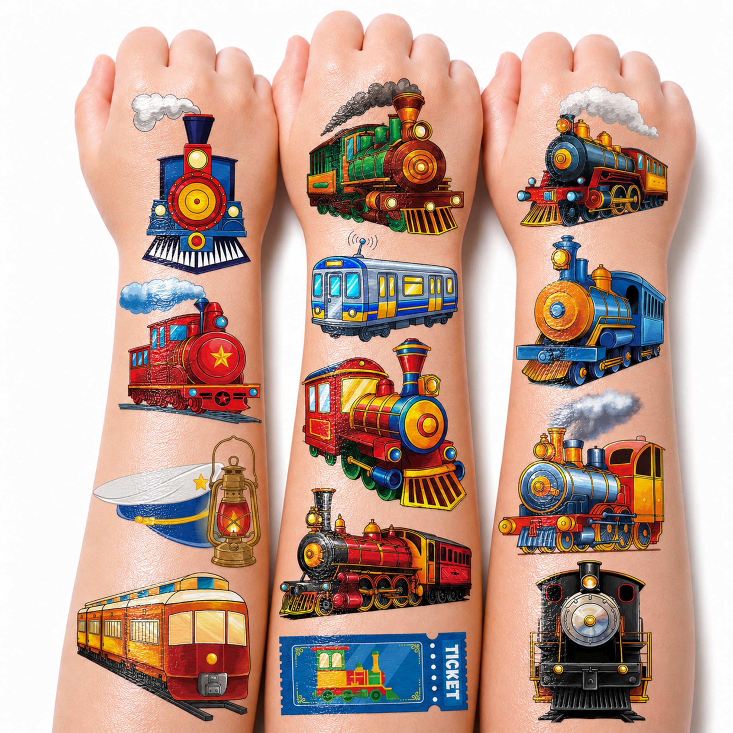 120 PCS Vintage Train Transportation Pre-Cut Temporary Tattoos for Kids