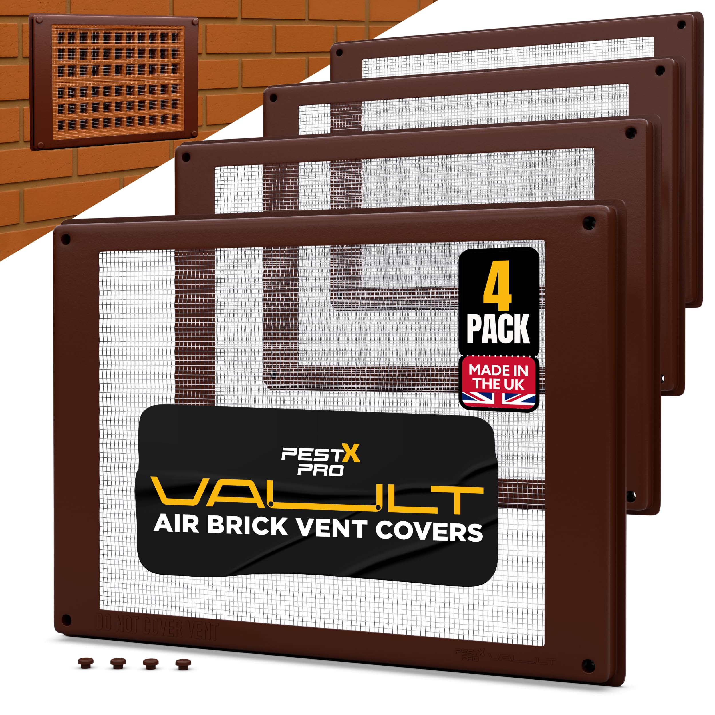 Pest-X Pro Vault Air Brick Covers 254mm x 180mm (4 Pack) - Rodent Control Vent Covers Exterior - Air Brick Pest Guard - Vent Cover for Walls Outside - Stops Mice and Pests - Brown