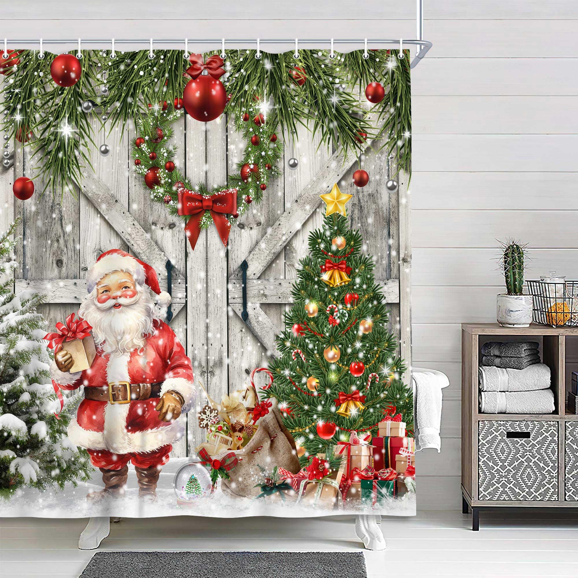 NYMB Rustic Farmhouse Christmas Shower Curtain, Winter Snowflake Wood Barn Door Xmas Tree Shower Curtain, Cute Santa Claus Bathroom Accessories for