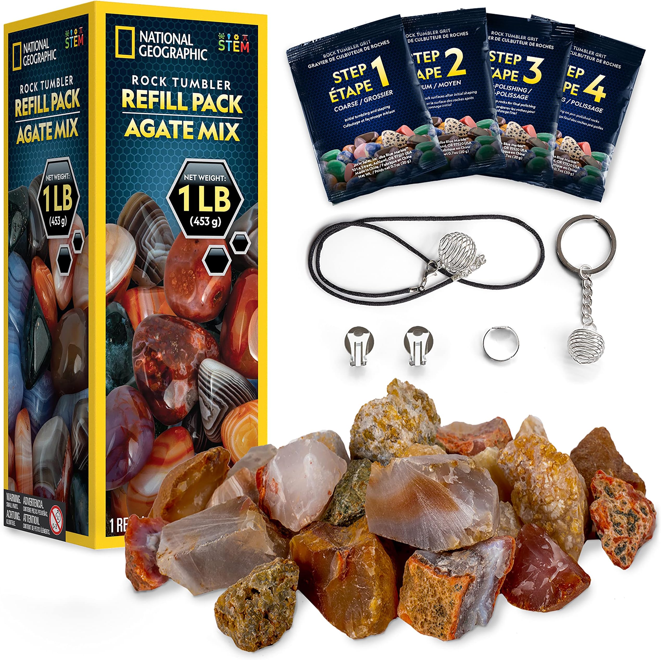 NATIONAL GEOGRAPHIC Rock Tumbler Refill Kit - 1 Lb. Mix of Genuine Rough Agate for Tumbling - Supplies include Grit and Jewelry Accessories, Raw Agate