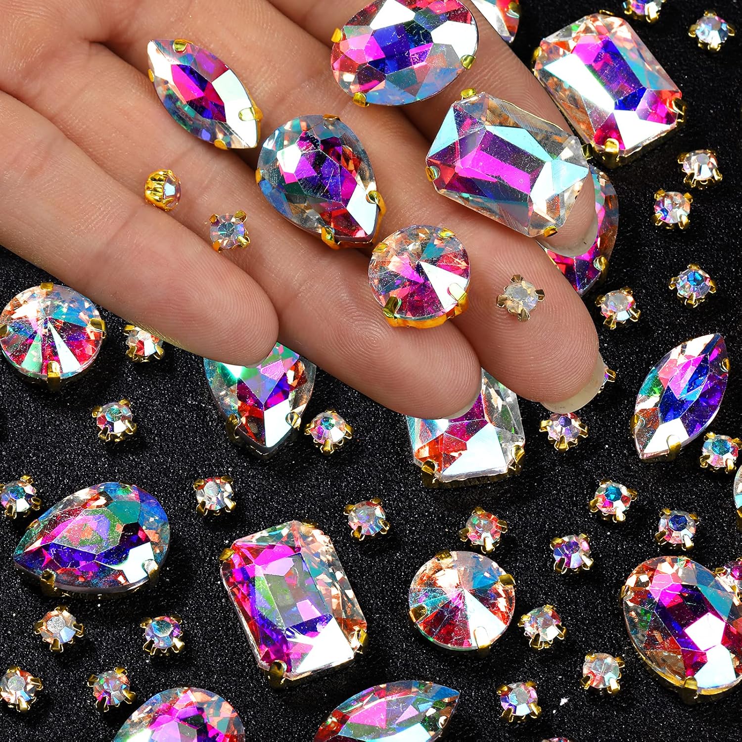 WILLBOND 156 Pcs Sew on Rhinestones Claw Flatback Crystal Rhinestones Metal Prong Setting Gems Acrylic Glass Sewing Gems for Clothes DIY Craft Shoes Dress Jewelry Making(Gold Claw, White AB) - Image 2