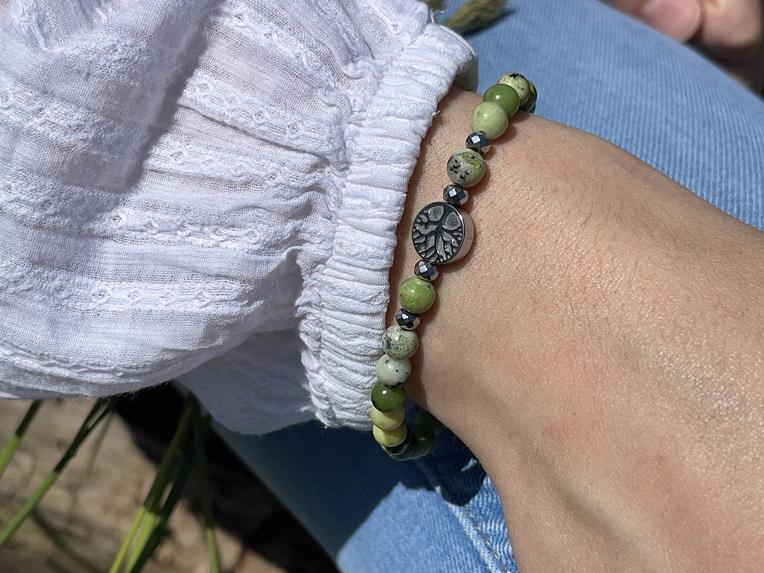 Serpentin Armband Perlen echt 6mm Lebensbaum Hämatit Silber - Handmade Perlenarmband Kreativität Vertrauen Freundschaft - Spiritueller Esoterischer Schmuck Unisex - Personalisierbar