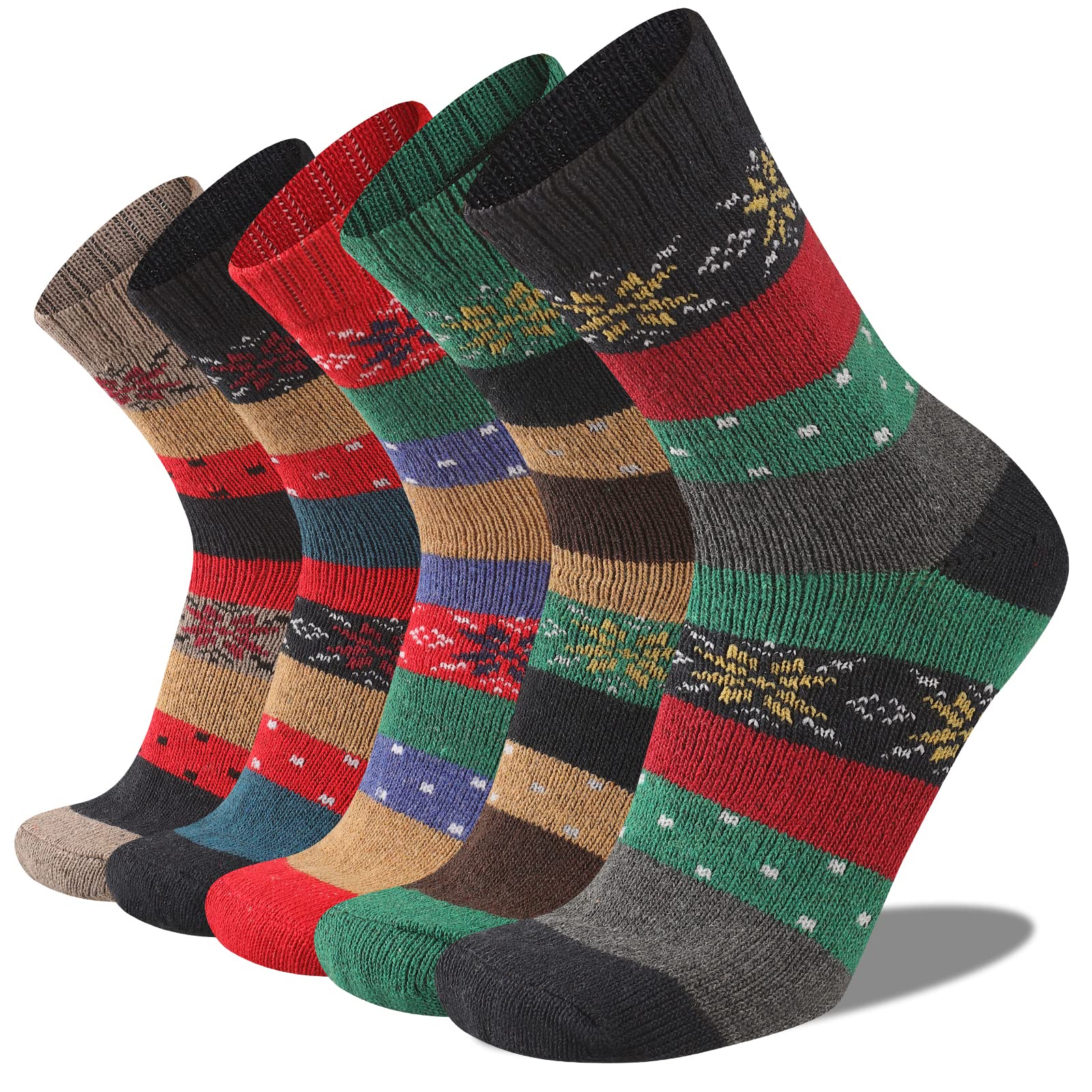 Heatuff Mens Warm Wool Socks Thermal Winter Thick Crew Pattern Socks Cold Weather 5 Pairs