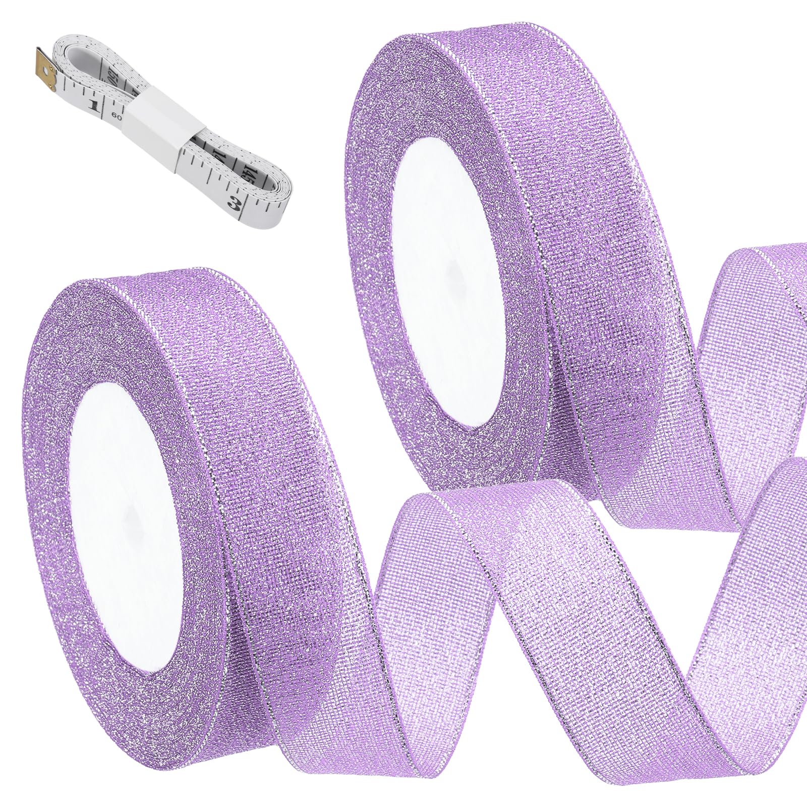 sourcing map 2 Roll Light Purple Glitter Ribbon (22 Meters, 2.5cm Wide) with Silver Thread Sparkly Metallic Fabric Ribbon - Sparkly Practical, for Gift Wrapping Balloons Craft DIY Decor Holiday