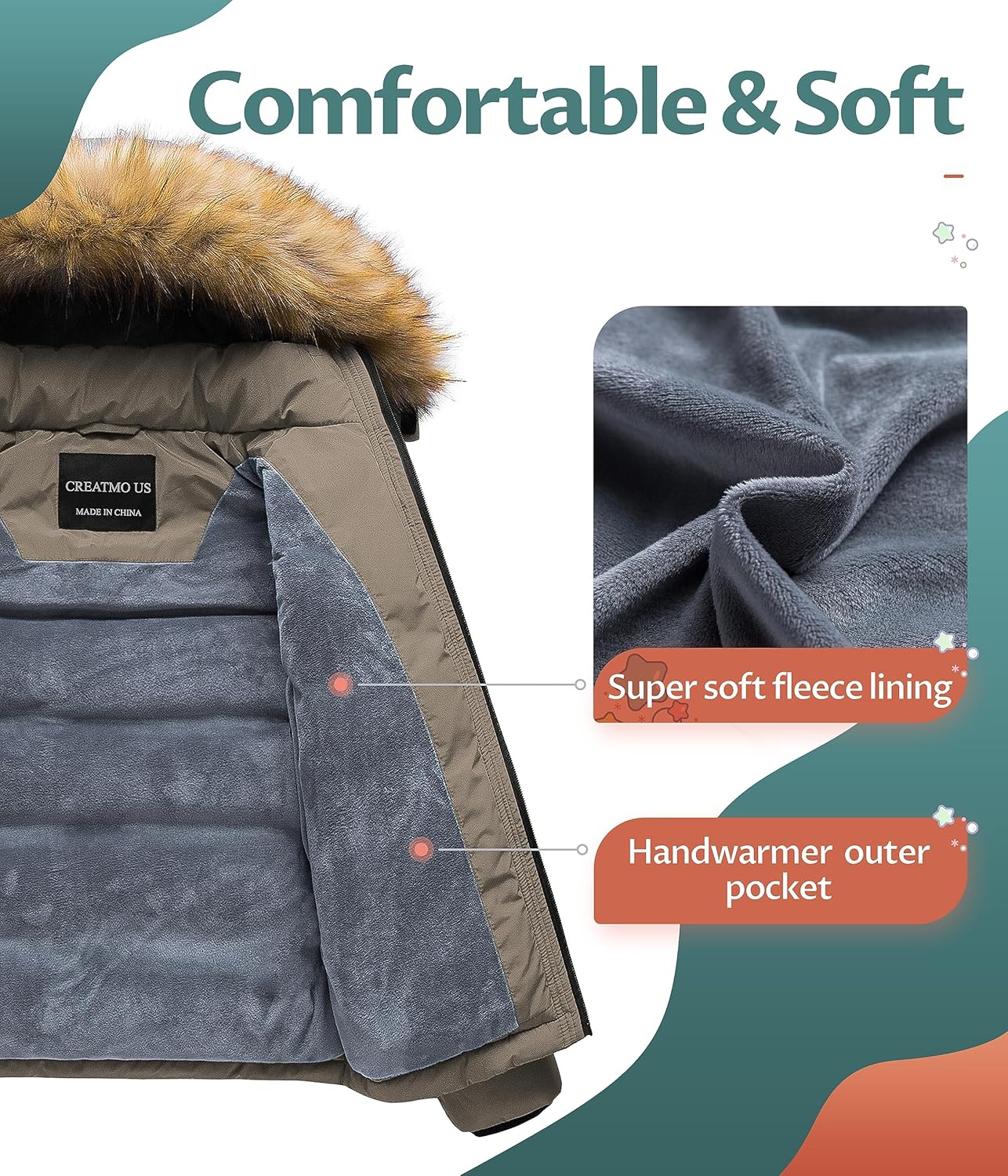 CREATMO US Boy's Water Resistant Winter Coats Warm Fleece Lined Outwear Windbreaker Ski Jacket - Image 3