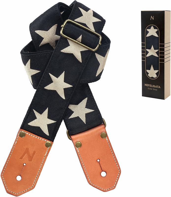 Cool Woven Guitar Strap -Cotton Guitar Straps with Thicked First Layer Vegetable Tanned Cowhide Leather Ends for Acoustic, Bass, Electric, Best Gift for Your Love Guitarists(Star)