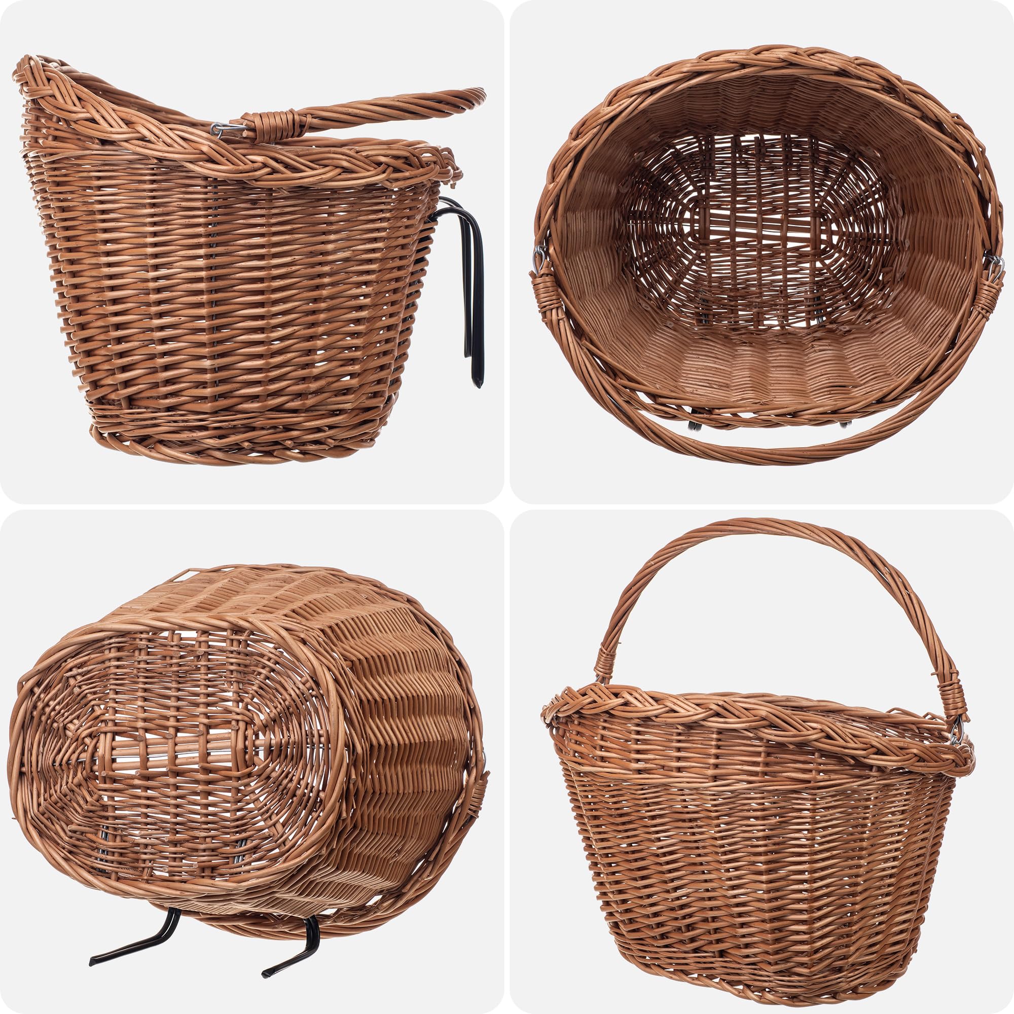 KADAX Panier de vélo avant en osier robuste, panier de guidon avec poignée de transport et crochet en acier, panier classique en osier pour guidon, grand panier pour vélo