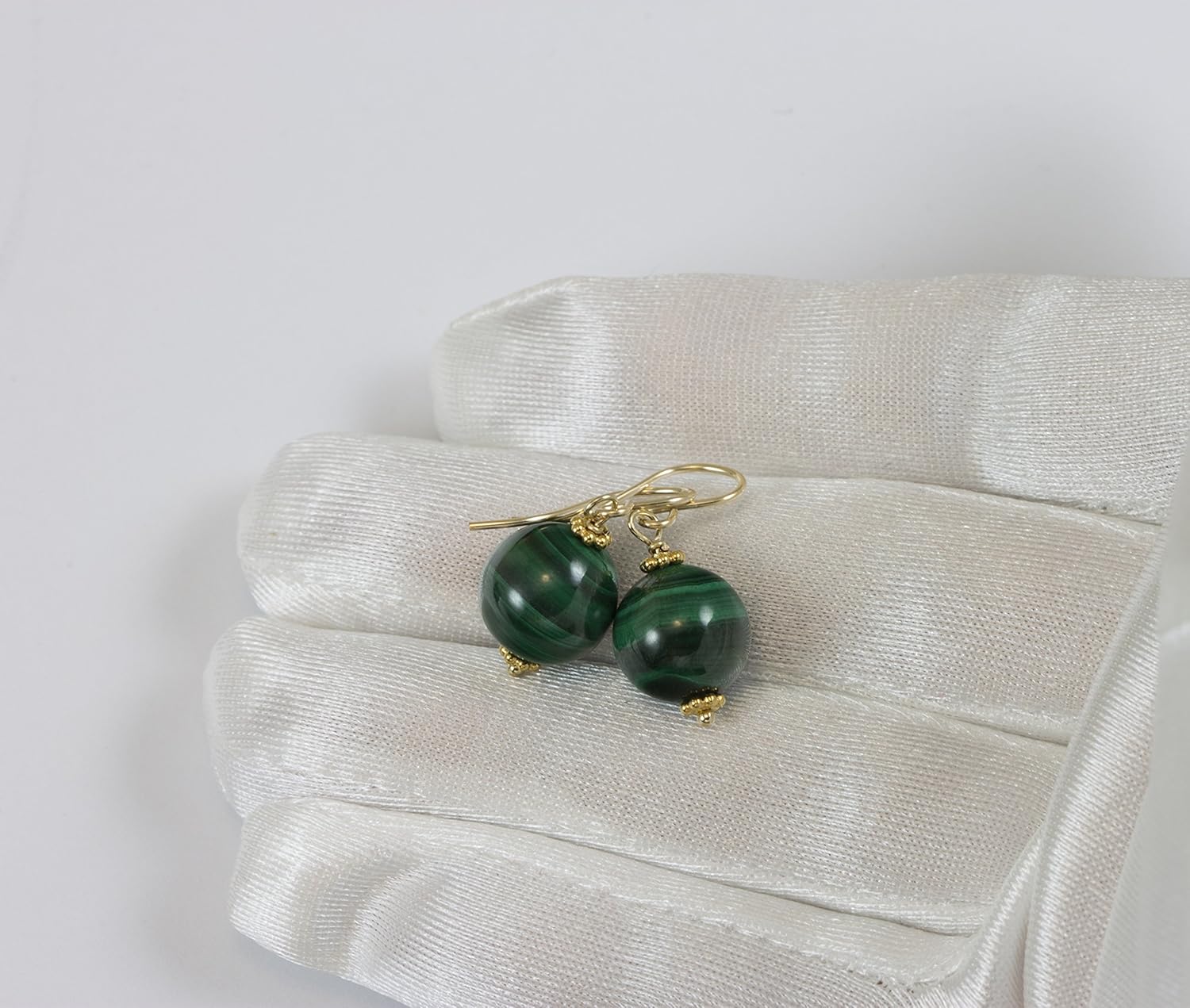 14K Yellow Gold Malachite Earrings Green Round Smooth Simple Classic Drops Striped Banding Goldtone Beaded Accents Spyglass Designs
