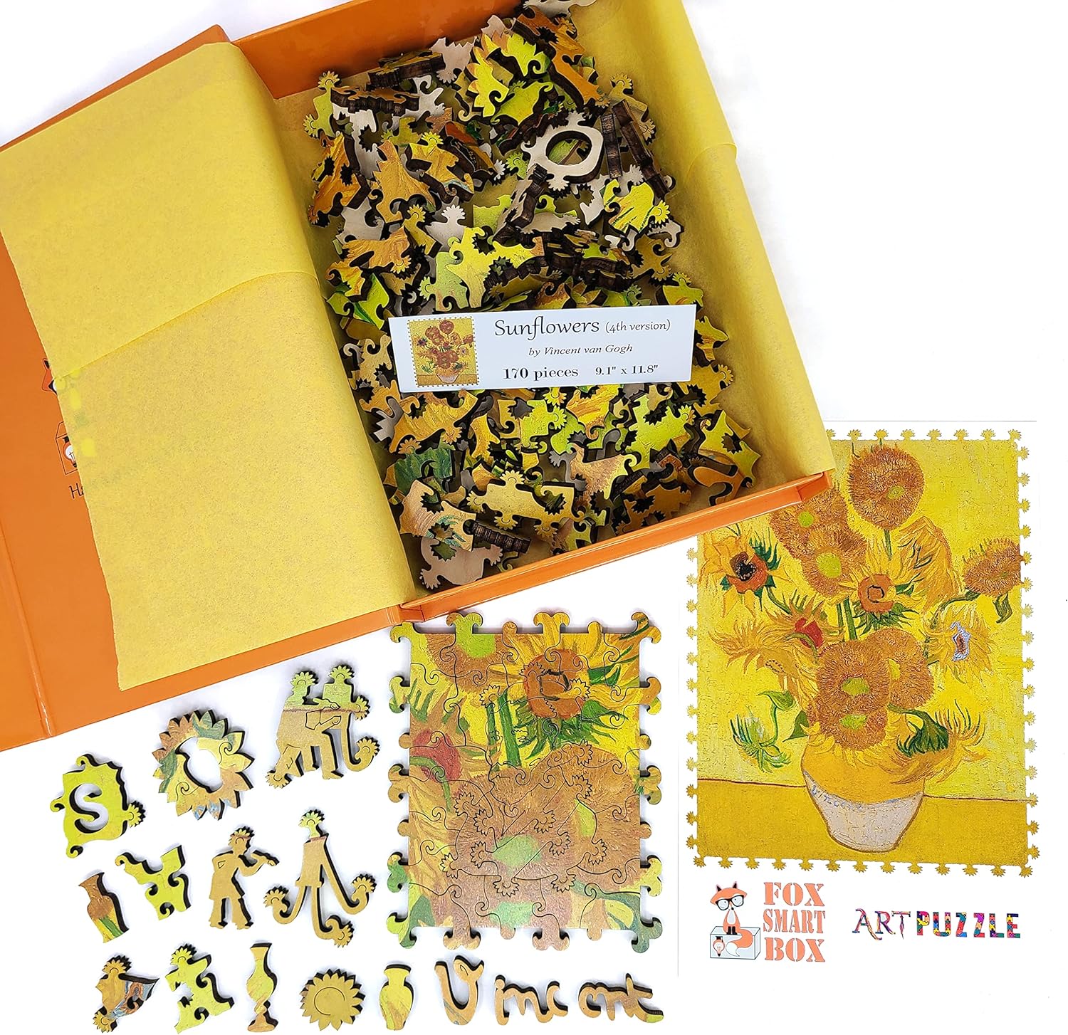 Wooden Jigsaw Puzzle for Adults - Uniquely Shaped Pieces - Made in The USA by FoxSmartBox - 170 Pieces - Sunflowers (4th Version)